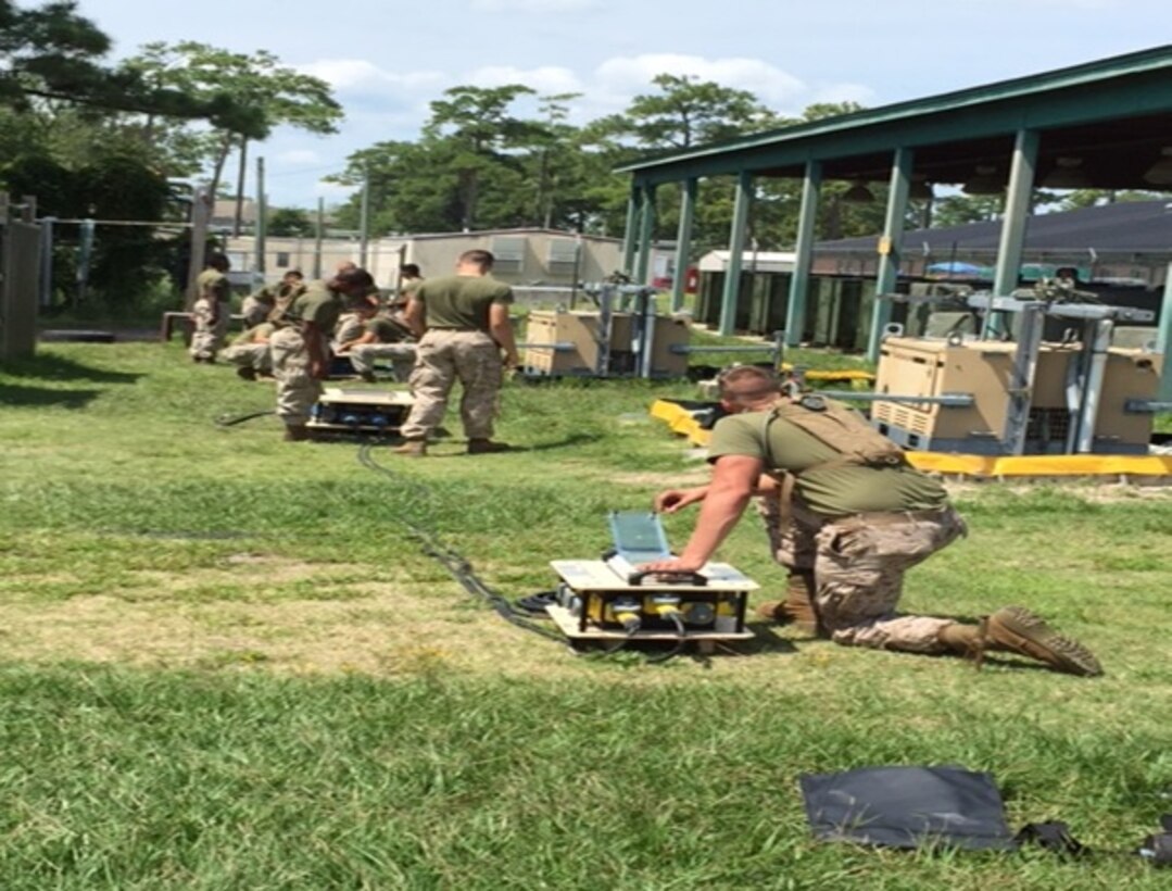 Marines attending Basic Electrician course 8-15 conduct an electrical distribution system practical application at Marine Corps Engineer School, Camp Lejeune, N.C. August 31, 2015.  This portion of training focuses on power distribution from a generator site to a distribution panel and ends inside of a General Purpose (GP) tent.  The class receives countless hours on this training to ensure that power is displaced evenly throughout different types of tents while in a field environment. 

