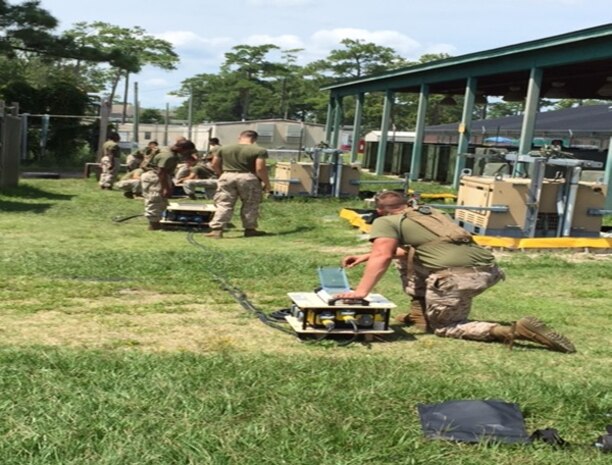 Marines attending Basic Electrician course 8-15 conduct an electrical distribution system practical application at Marine Corps Engineer School, Camp Lejeune, N.C. August 31, 2015.  This portion of training focuses on power distribution from a generator site to a distribution panel and ends inside of a General Purpose (GP) tent.  The class receives countless hours on this training to ensure that power is displaced evenly throughout different types of tents while in a field environment. 
