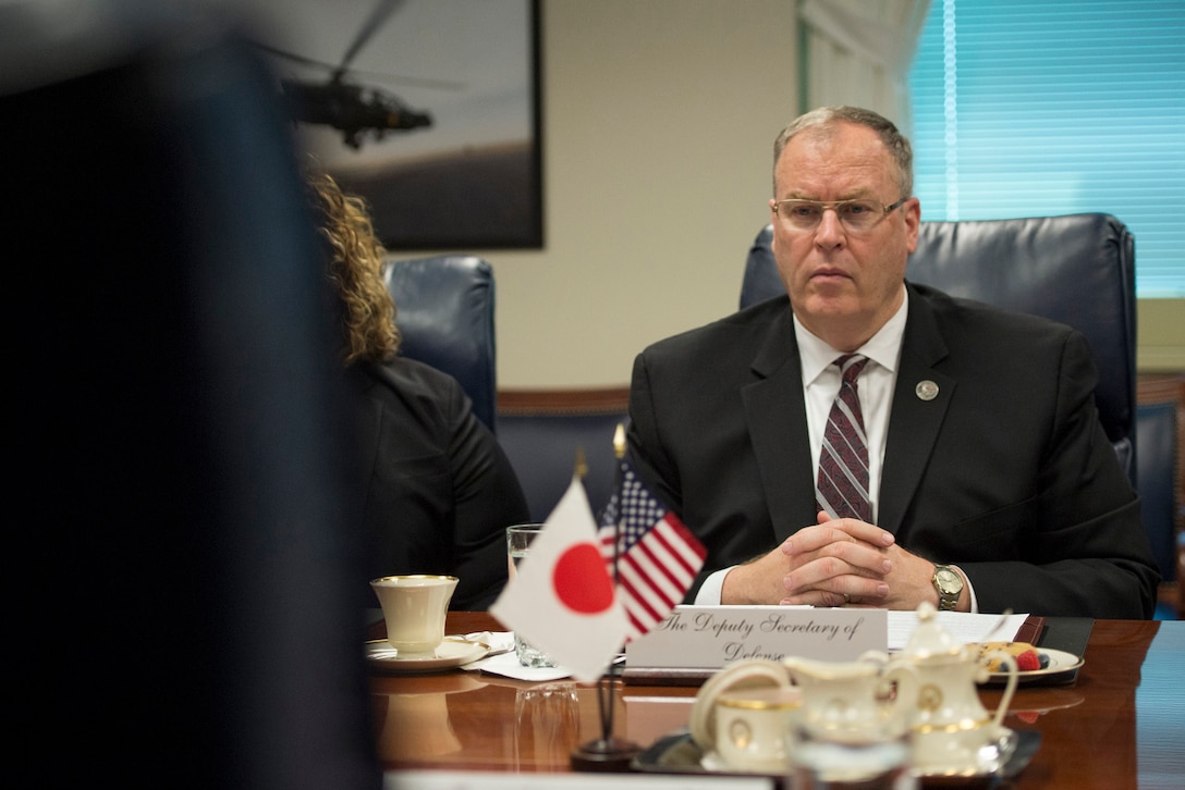 Deputy Defense Secretary Bob Work meets with Japanese Vice Defense Minister Masanori Nishi, at the Pentagon Sept. 15, 2015 to discuss matters of mutual importance. DoD photo by Air Force Senior Master Sgt. Adrian Cadiz