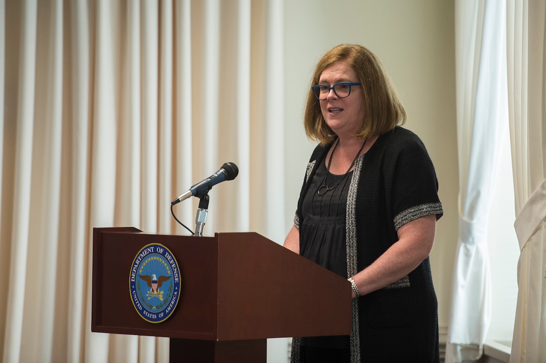 Patty Stonesifer, president and CEO of Martha's Table, delivers remarks as the guest speaker at the Combined Federal Campaign kickoff ceremony at the Pentagon, Sept. 15, 2015. DoD photo by U.S. Air Force Senior Master Sgt. Adrian Cadiz