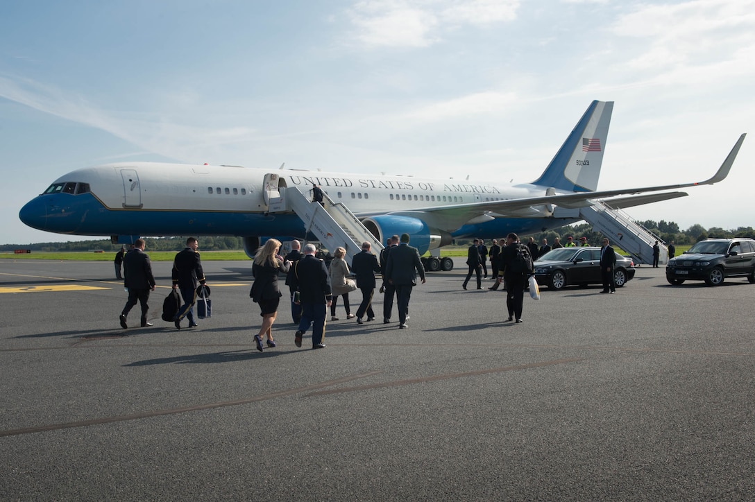 U.S. Army Gen. Martin E. Dempsey, chairman of the Joint Chiefs of Staff, and members of his staff head to a U.S. Air Force C-40 as they depart Tapa, Estonia, Sept. 15, 2015. DoD photo by D. Myles Cullen