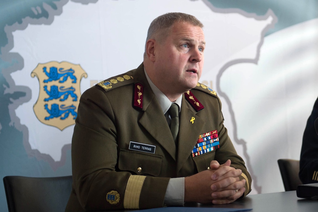 Estonian Lt. Gen. Riho Terras, commander of the Estonian Defense Forces, answers a question during a joint press conference with U.S. Army Gen. Martin E. Dempsey, chairman of the Joint Chiefs of Staff,  in Tallinn, Estonia, Sept. 14, 2015. DoD photo by D. Myles Cullen