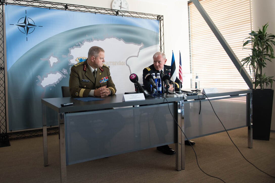 U.S. Army Gen. Martin E. Dempsey, right, chairman of the Joint Chiefs of Staff, and Estonian Lt. Gen. Riho Terras, commander of the Estonian Defense Forces, conduct a news conference in Tallinn, Estonia, Sept. 14, 2015. DoD photo by D. Myles Cullen