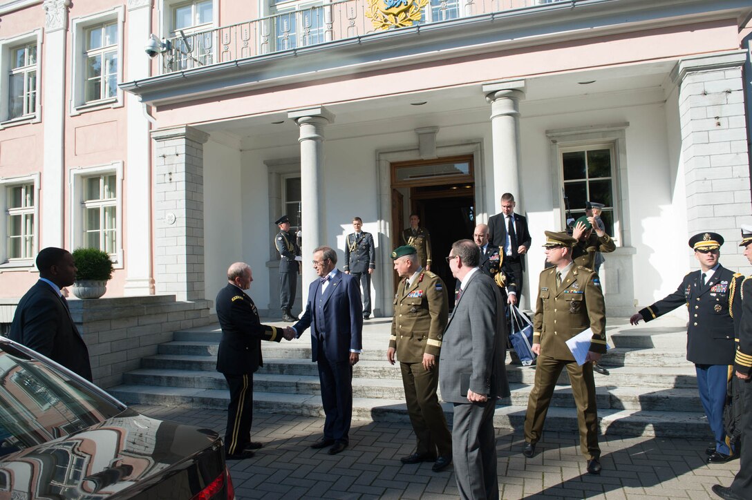 U.S. Army Gen. Martin E. Dempsey, chairman of the Joint Chiefs of Staff, shakes hands with Estonian President Toomas Hendrik Ilves at the Estonian presidential palace in Tallinn, Estonia, Sept. 15, 2015. DoD photo by D. Myles Cullen