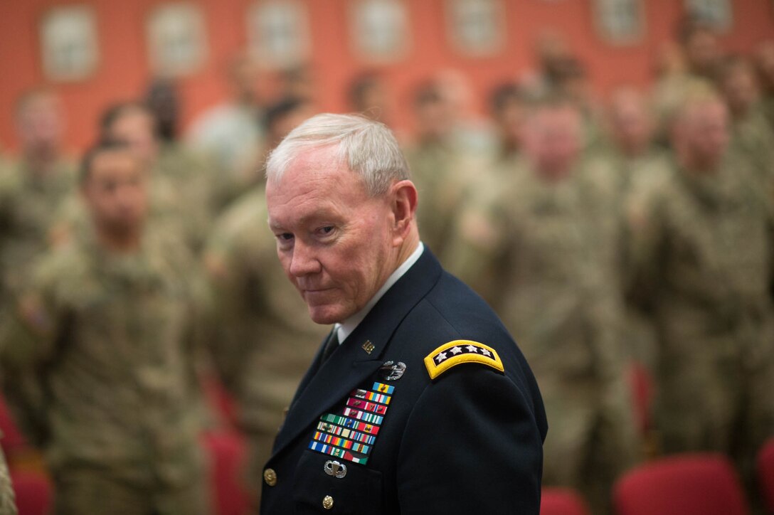 U.S. Army Gen. Martin E. Dempsey, chairman of the Joint Chiefs of Staff, speaks with U.S. soldiers at the Estonian 1st Brigade Headquarters in Tapa, Estonia, Sept. 15, 2015. DoD photo by D. Myles Cullen