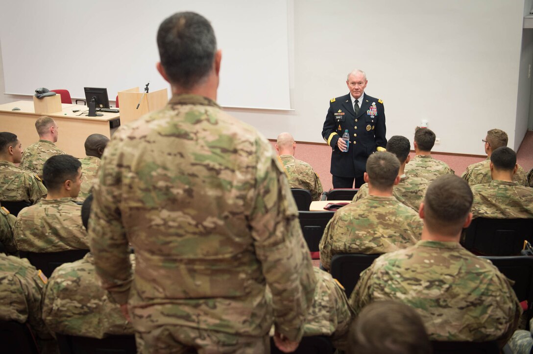 U.S. Army Gen. Martin E. Dempsey, chairman of the Joint Chiefs of Staff, takes a question from a U.S. soldier at the Estonian 1st Brigade Headquarters in Tapa, Estonia, Sept. 15, 2015. DoD photo by D. Myles Cullen
