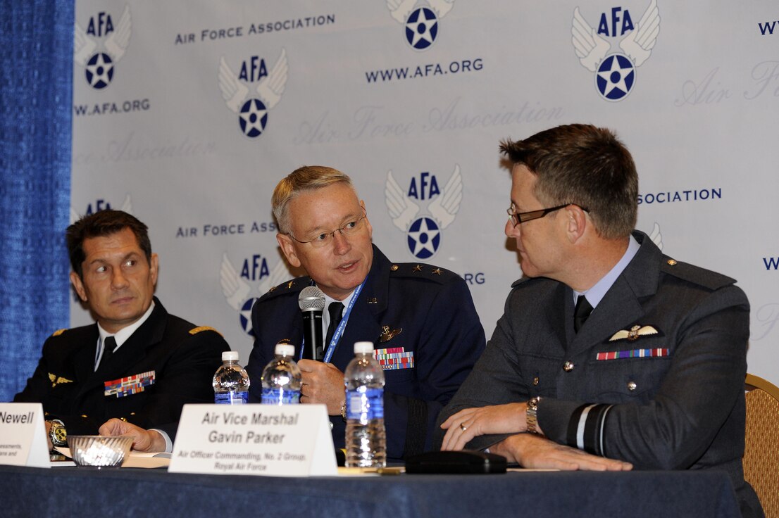 Maj. Gen. John Newell, director of strategy, concepts and assessments, deputy chief of staff for strategic plans and requirements, speaks on a panel during the 2015 Air Force Association Air and Space Conference and Technology Exposition in Washington, D.C., Sept. 15, 2015. The trilateral strategic initiative panel discussed each of the countries (U.S., France and the U.K.) consolidated goals on building confidence within each other's capabilities by training together twice a year to meet their objectives. (U.S. Air Force photo/Staff Sgt. Whitney Stanfield)