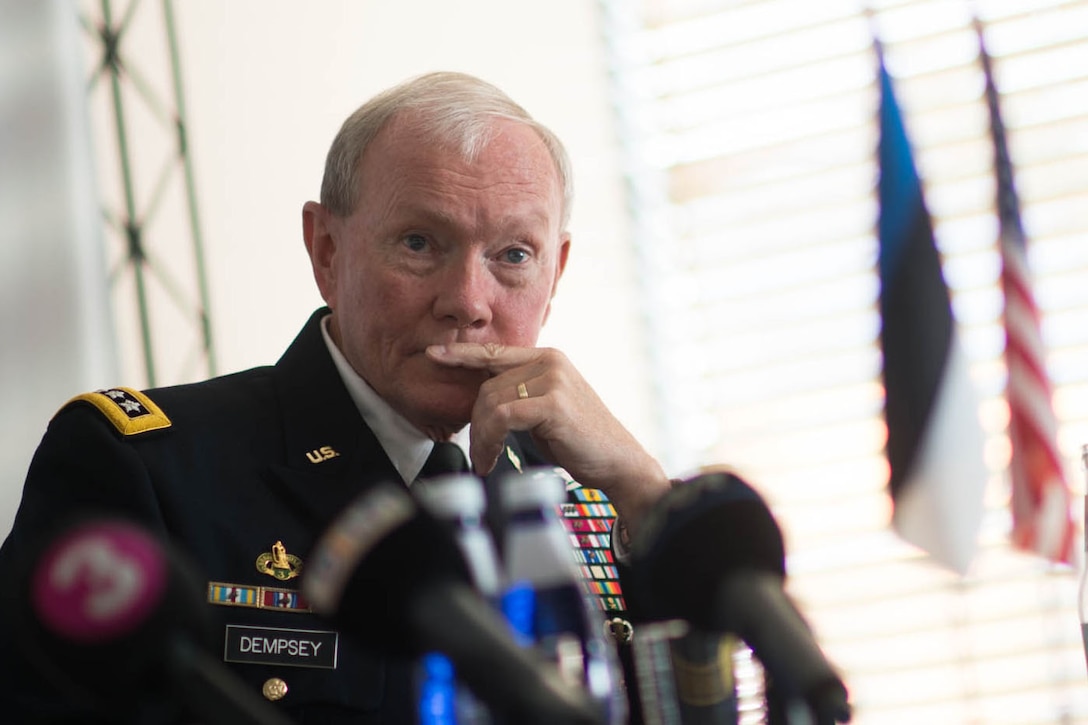 U.S. Army Gen. Martin E. Dempsey, chairman of the Joint Chiefs of Staff, participates in a joint news conference with Estonian Lt. Gen. Riho Terras, not shown, commander of Estonian Defense Forces, in Tallinn, Estonia, Sept. 14, 2015. 