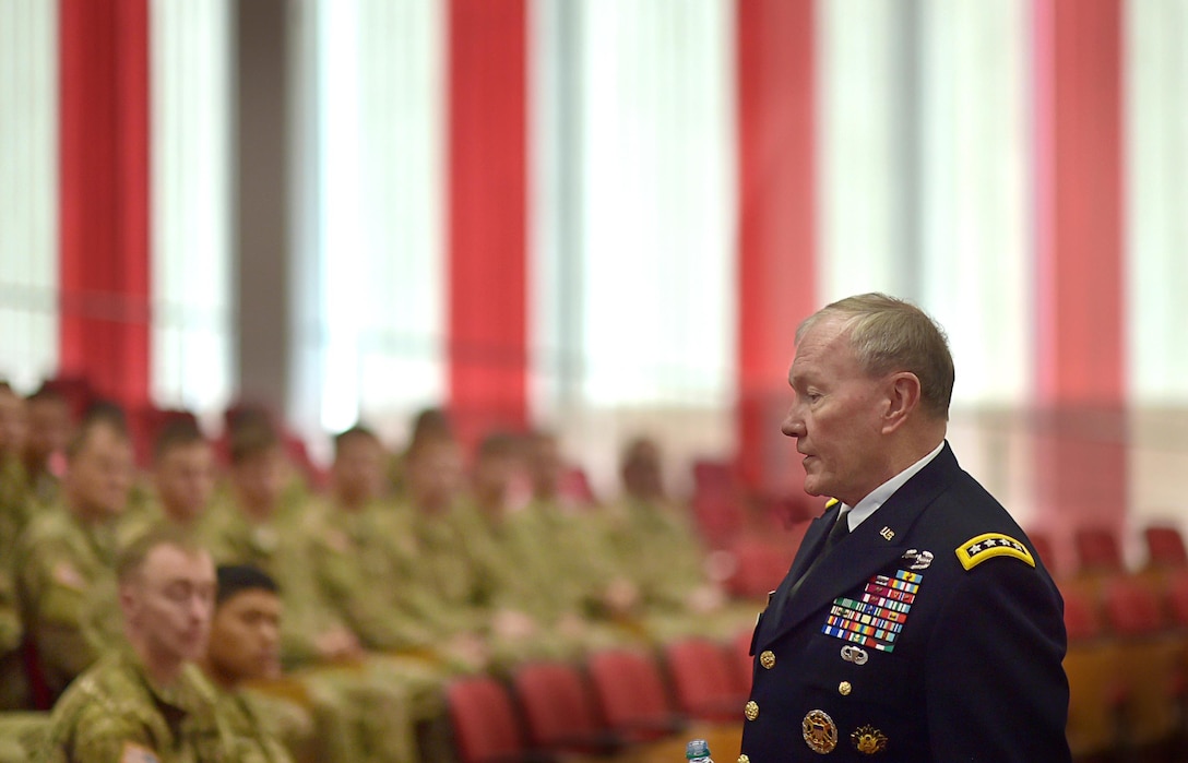 U.S. Army Gen. Martin E. Dempsey, chairman of the Joint Chiefs of Staff, talks with and takes questions from U.S. soldiers assigned to the 173rd Airborne Brigade Combat Team at the Estonian 1st Brigade Headquarters in Tapa, Estonia, Sep. 15, 2015. DoD photo by D. Myles Cullen