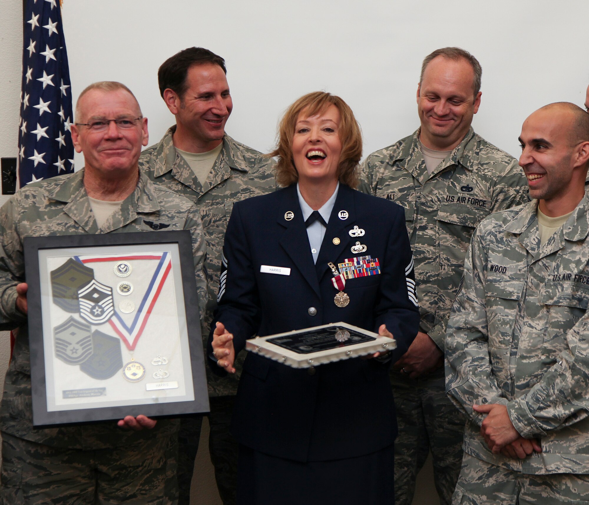 TRAVIS AIR FORCE BASE, Calif. -- Senior Master Sgt. Andrea Harris, 45th Aerial Port Squadron, is honored in a retirement ceremony at Travis AFB, Calif., Sept. 12, 2015.  (U.S. Air Force photo/Lt. Col. Robert Couse-Baker/Released)
