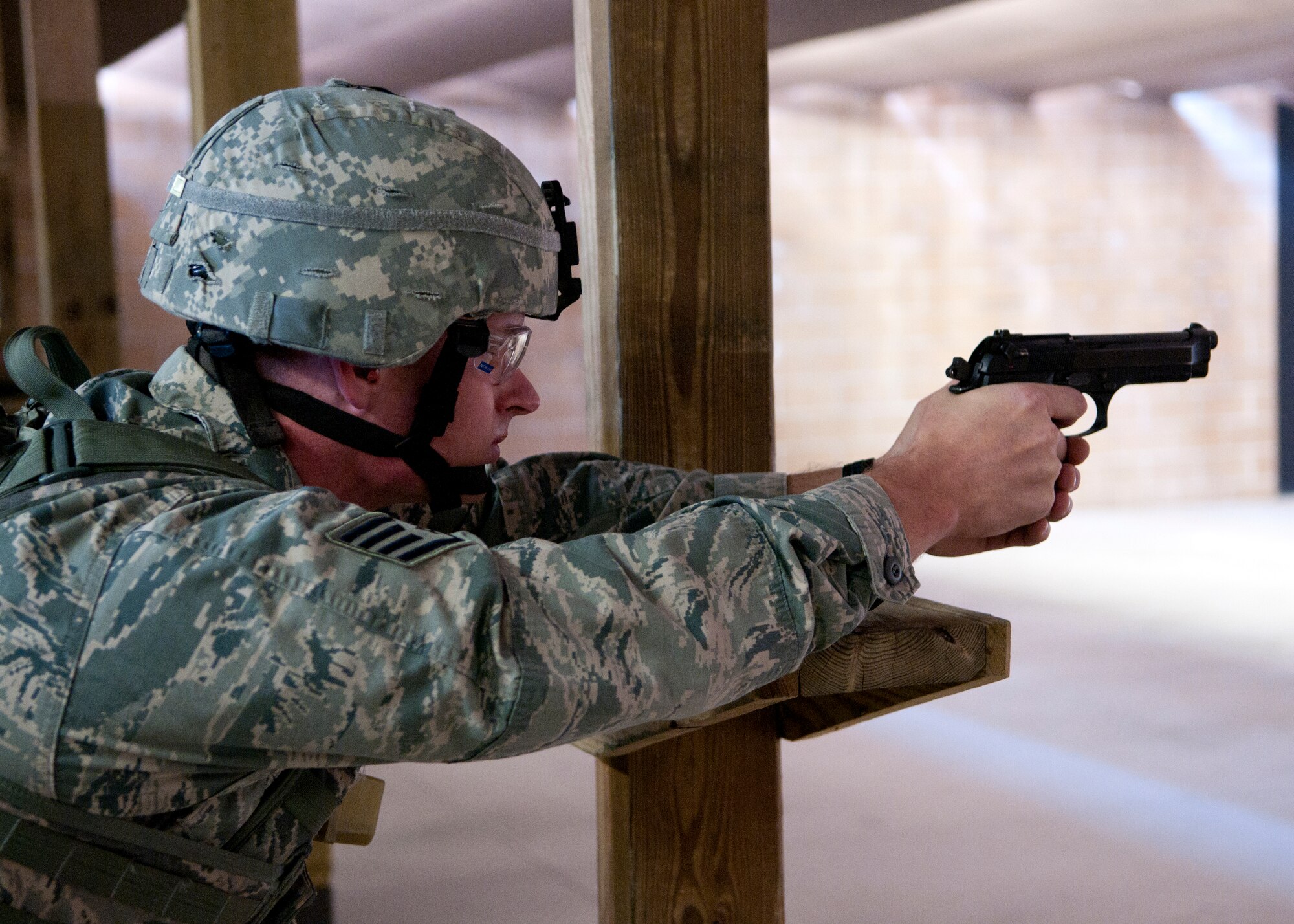 Staff Sgt. Jacob Petersen, 90th Security Support Squadron missile security controller, participates in the M-4 firing portion of the 2015 Crow Creek Challenge, Sept. 11, 2015, on F.E. Warren Air Force Base, Wyo. Teams consisted of a minimum of four competitors and one alternate. (U.S. Air Force photo by Airman 1st Class Malcolm Mayfield)