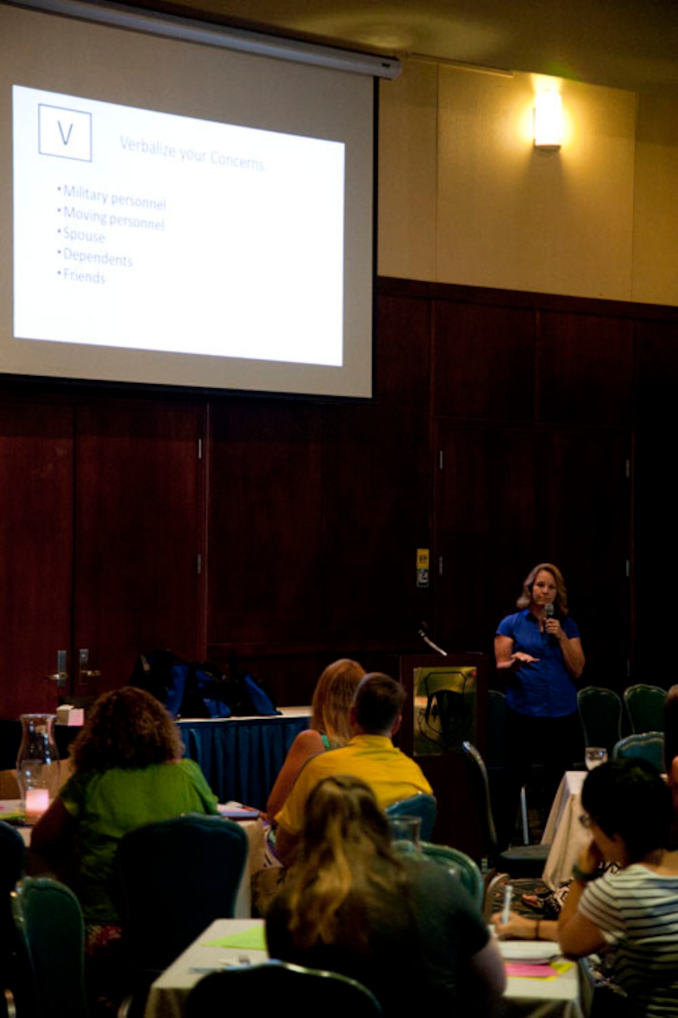 Shannon Cowan, a professional organizer, speaks to Team Vance spouses at a Spouse Symposium Aug. 29 at the Vance Collocated Club. Fifty-five military spouses attended the first-ever resiliency event organized by Maggie Laws, the 71st Flying Training Wing community support coordinator, and the Vance Key Spouses. (U.S. Air Force photo / Tech. Sgt. James Bolinger) 