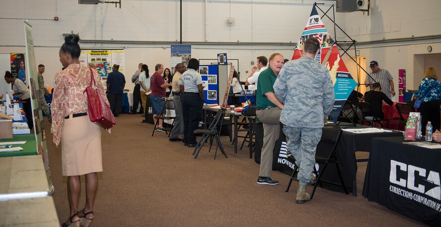 Separating and retiring service members sought employment opportunities at Moody’s Transition Expo hosted by the Airman and Family Readiness Center Sept. 10, 2015, at Moody Air Force Base, Ga. The event was also open to all Department of Defense personnel and dependents as they utilized the event to meet face-to-face with employers. (U.S. Air Force Airman 1st Class Greg Nash/Released)