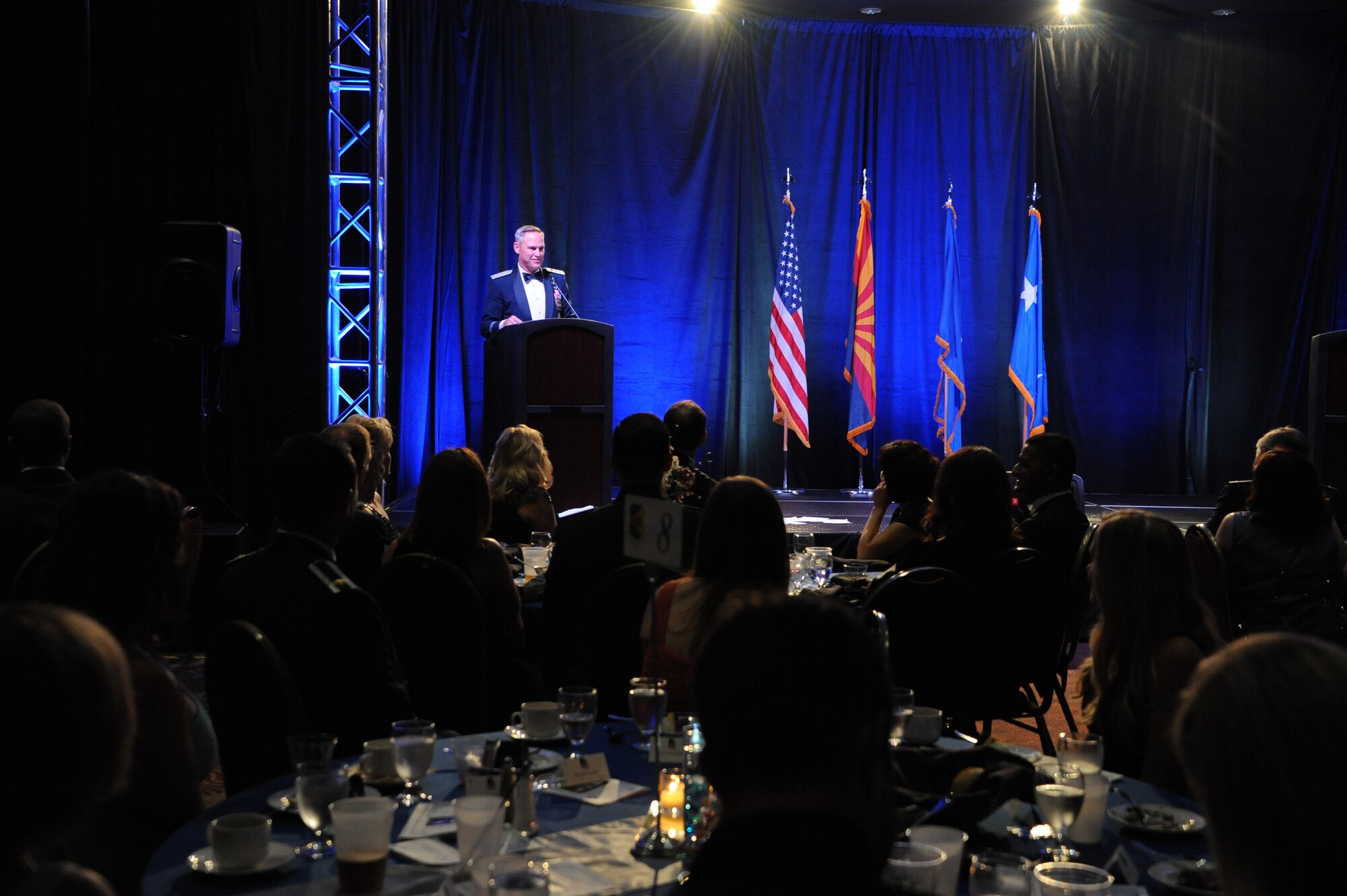 U.S. Air Force Lt. Gen. Chris Nowland, 12th Air Force (Air Forces Southern) commander, delivers a speech during the Air Force Ball held at the Tucson Convention Center, in Tucson, Ariz., Sept. 12, 2015. More than 750 guests attended the Air Force Ball to celebrate Air Force heritage and history. (U.S. Air Force photo by Airman 1st Class Ashley N. Steffen/Released)  