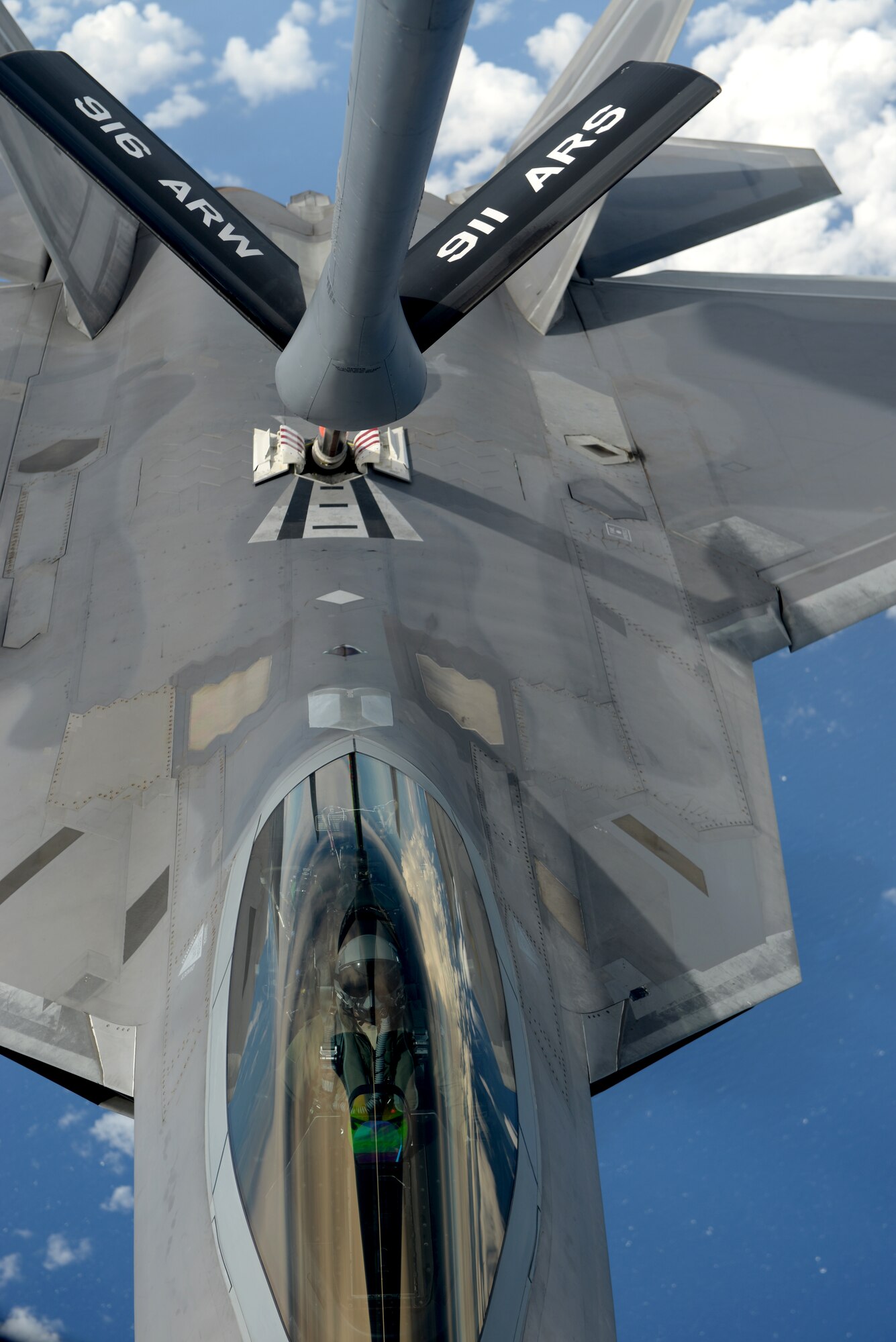 An F-22 Raptor is refueled by a KC-135R Stratotanker during Exercise Razor Talon, Sept. 11, 2015. Razor Talon is a Seymour Johnson AFB, home-grown initiative that partners units along the East Coast in an effort to promote the air-sea battle concept. (U.S. Air Force photo/Airman 1st Class Ashley Williamson)