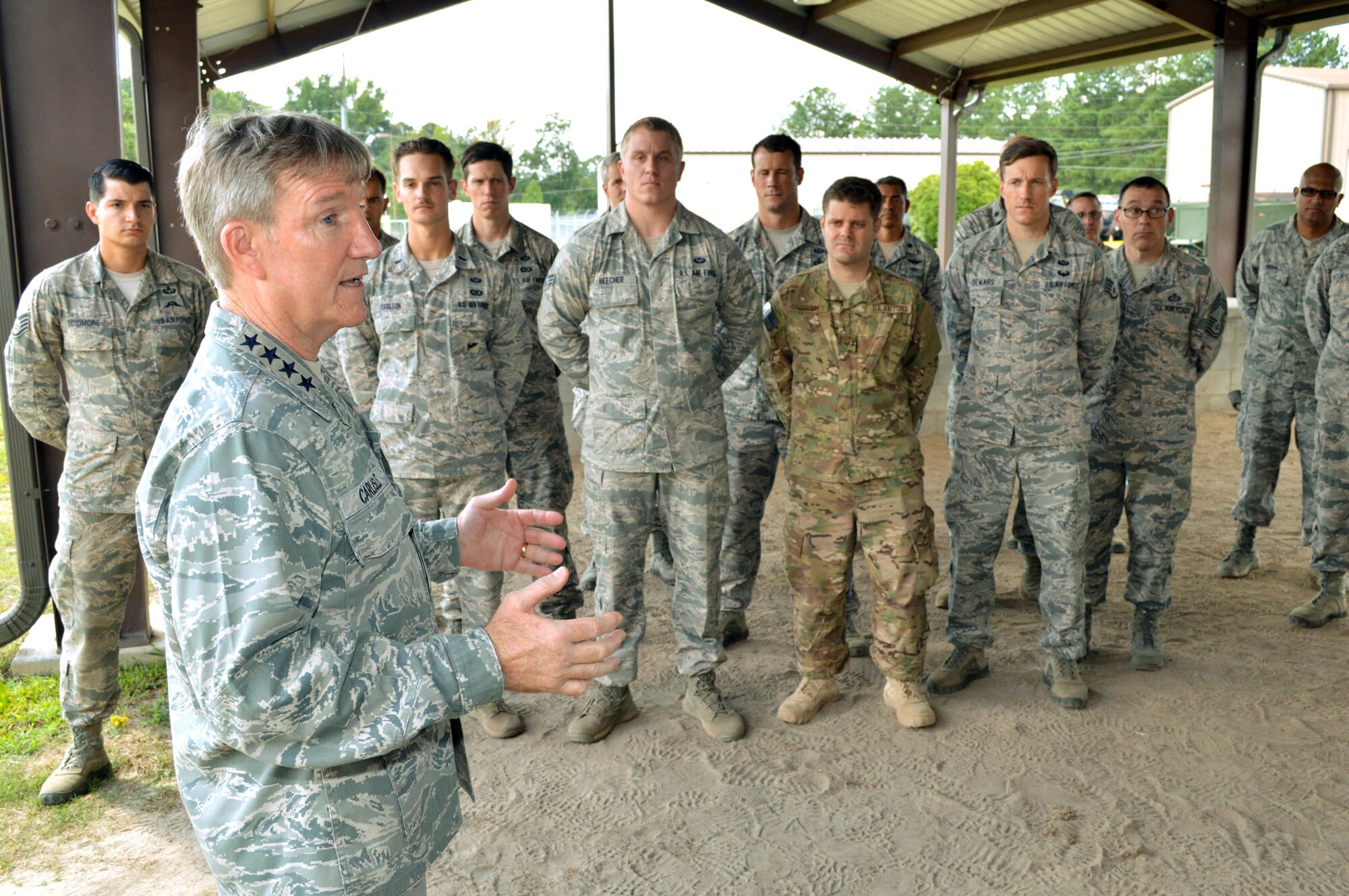 U.S. Air Force Gen. Hawk Carlisle, commander of Air Combat Command, thanks battlefield Airmen assigned to the 18th Air Support Operations Group, Pope Army Airfield, North Carolina, for their service to the nation and the U.S. Air Force during his visit Sept. 9. (U.S. Air Force photo/Marvin Krause)