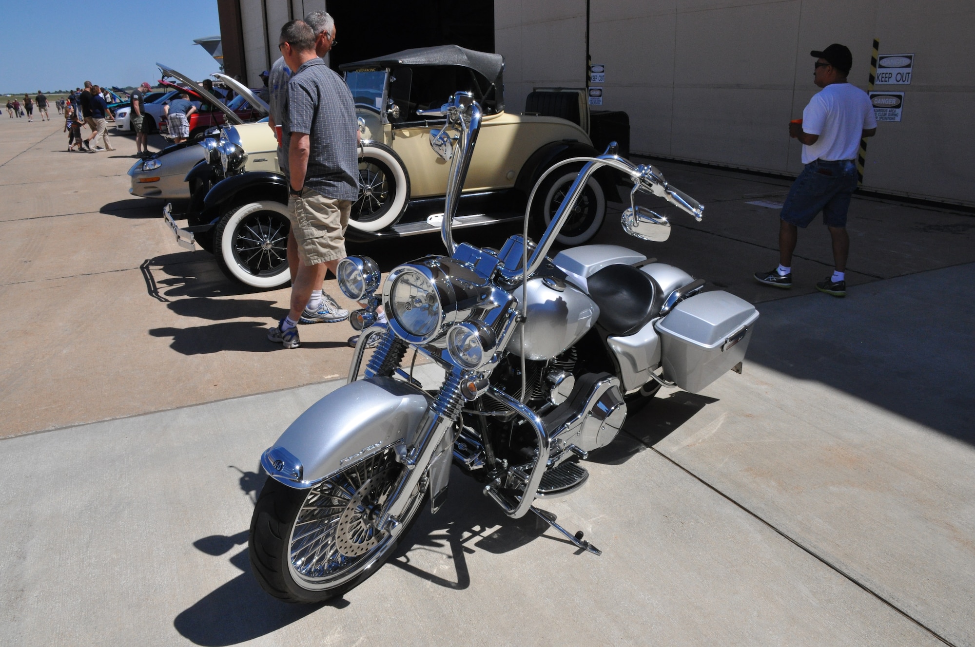 A 2005 Harley Davidson Road King sits on display at the 507th Air Refueling Wing's Family Day Car Show Sept. 12, 2015 at Tinker Air Force Base.  The bike, belonging to Tech. Sgt. Ronald Delay of the 507th Logistics Readiness Squadron, took first place in the show. (U.S. Air Force photo by Tech. Sgt. Charles Taylor)