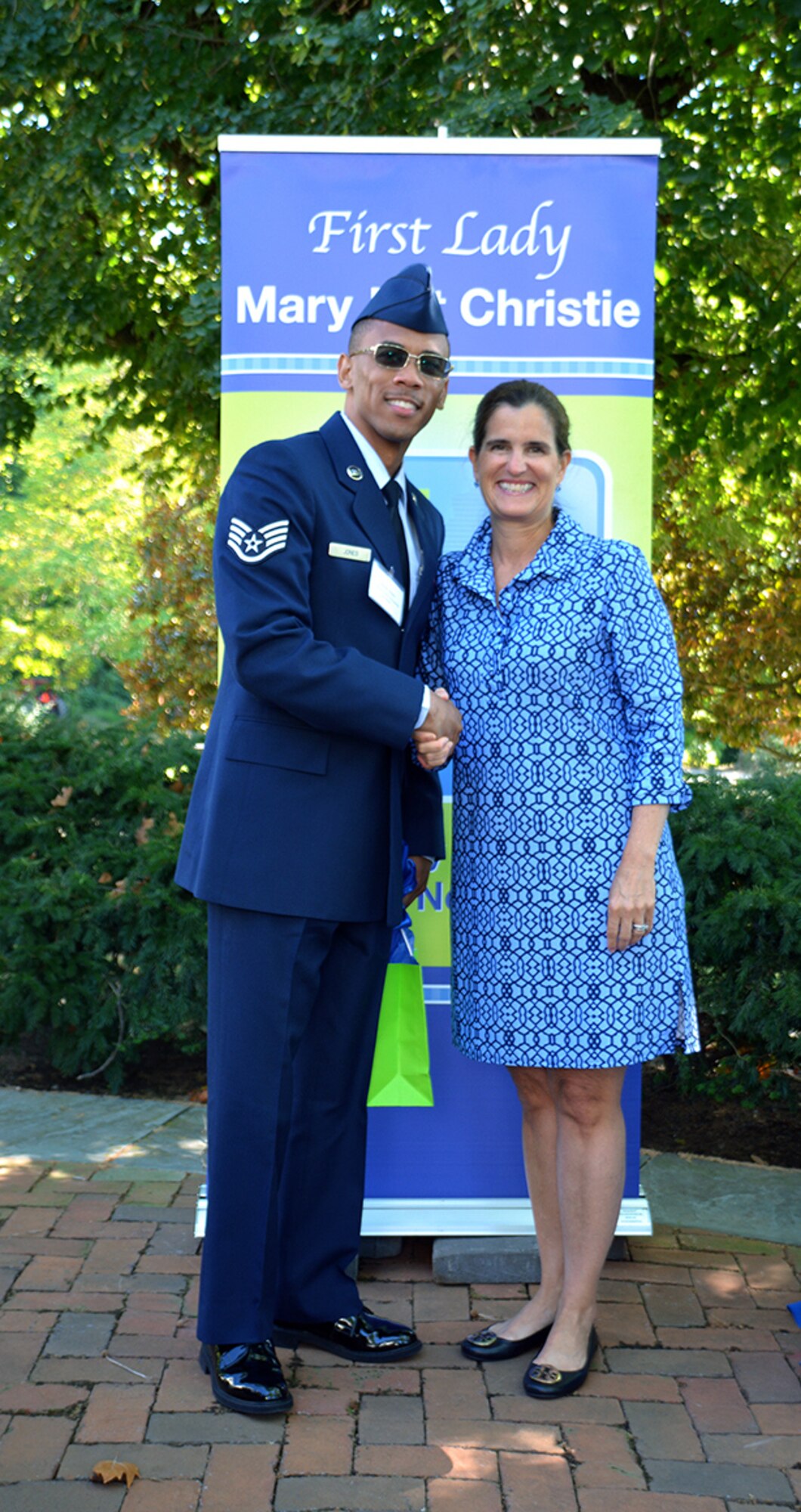 Staff Sgt. Alvin Jones II, 87th Comptroller Squadron financial services supervisor, earned the Heart of a Hero Scholarship, given by Mary Pat Christie during an event at New Jersey Governor Chris Christie's residence Sept. 14, 2015. The Heart of a Hero Scholarship is awarded to veterans who are involved in the New Jersey community. Jones received $5,000 to assist with his tuition as he works toward Bachelor's Degree in Finance from Ashford University and one day hopes to open his own business. (Courtesy photo)