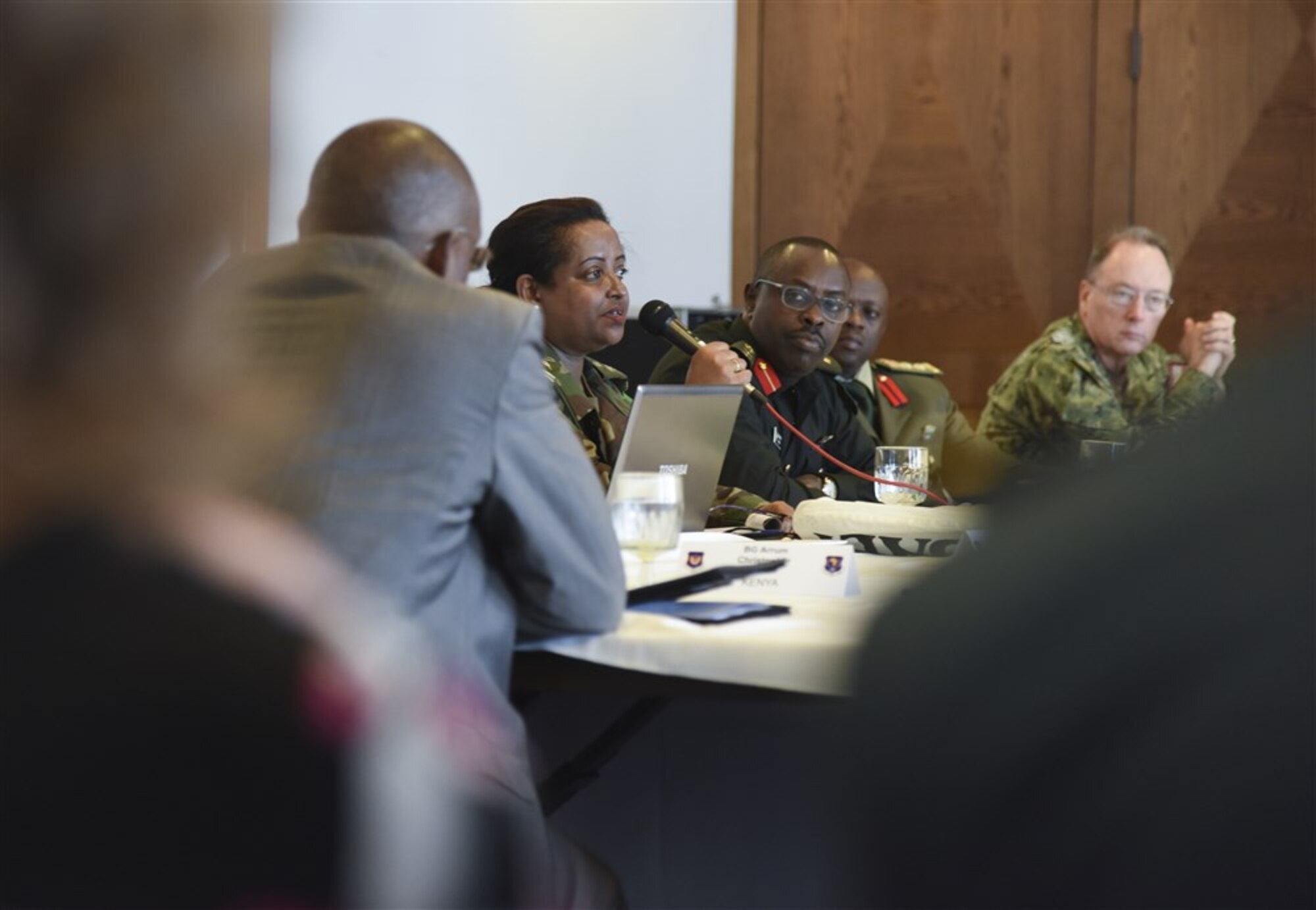 Ethiopian National Defense Forces, Col Achamyelesh Debela, African Union medical planner, center, answers questions during the African Partnership Flights Surgeon General Symposium recently held at Ramstein Air Base, Germany. The goal of the APF is for African partners to possess greater medical support capacity and the ability to sustain medical readiness through African institutions. (U.S. Air Force photo by Master Sgt. Charlene M. Spade/released) 