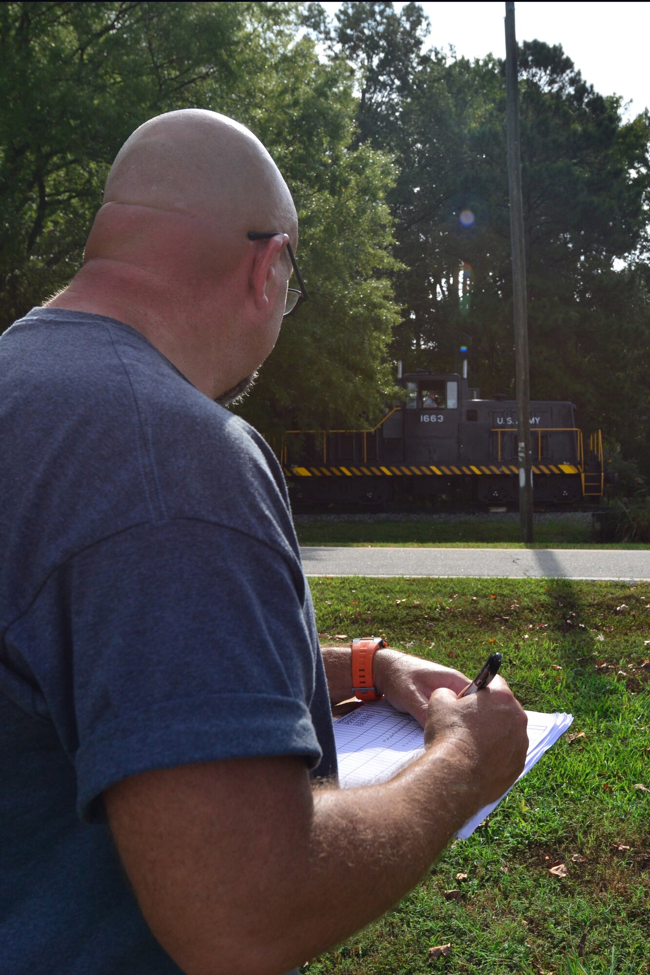 Al Dempsey, Department of Defense environmental prototype evaluator, documents seismic sensor readings at Fort Eustis, Va., Sept. 10, 2015. The readings are used as part of an annual data collection of seismic and acoustic frequencies brought on by natural phenomena at military installations. (U.S. Air Force photo by Staff Sgt. Natasha Stannard/Released)