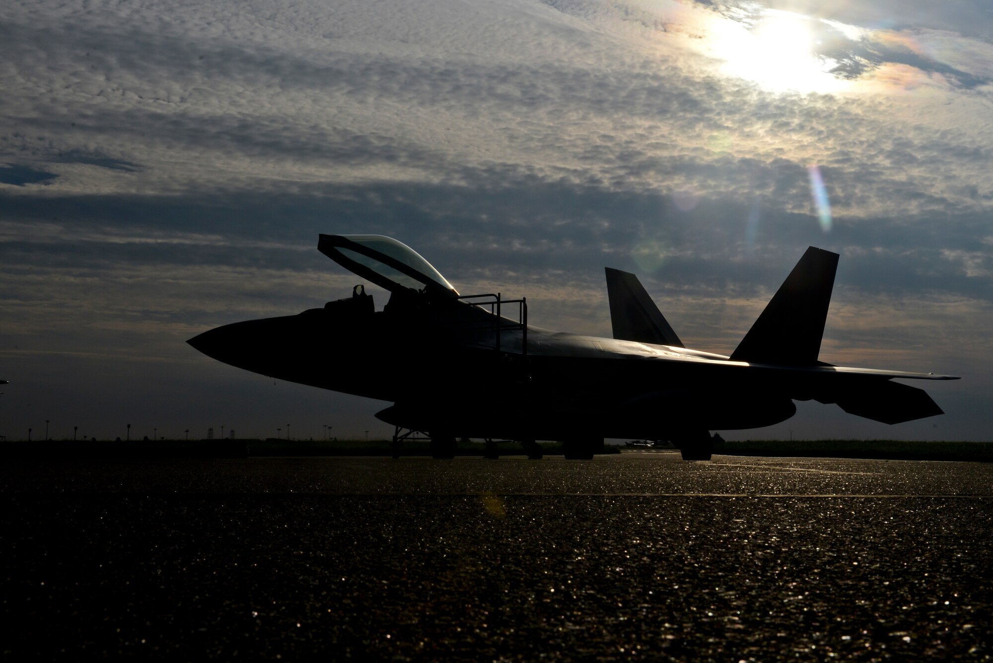 An F-22 Raptor from the 95th Fighter Squadron based at Tyndall Air Force Base, Fla., sits on the flightline Sept. 11, 2015, on RAF Mildenhall, England. The aircraft deployed to the European theater to conduct training with other European-based aircraft. (U.S. Air Force photo by Staff Sgt. Micaiah Anthony/Released)