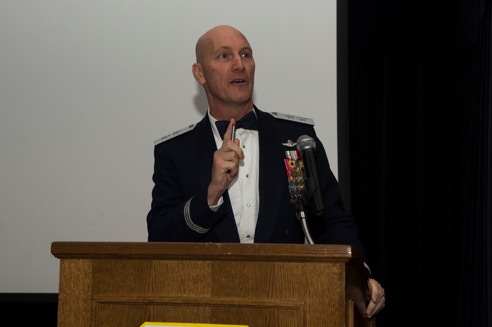 U.S. Air Force Maj. Gen. Timothy Zadalis, U.S. Air Forces in Europe-Air Forces Africa vice commander, speaks during the Spangdahlem Air Force Ball at Club Eifel on Spangdahlem Air Base, Germany, Sept. 12, 2015. Zadalis served as the guest speaker at the event and shared personal stories that embodied the night’s theme of “American Airmen Delivering Airpower.” (U.S. Air Force photo by Airman 1st Class Luke Kitterman/Released)  

