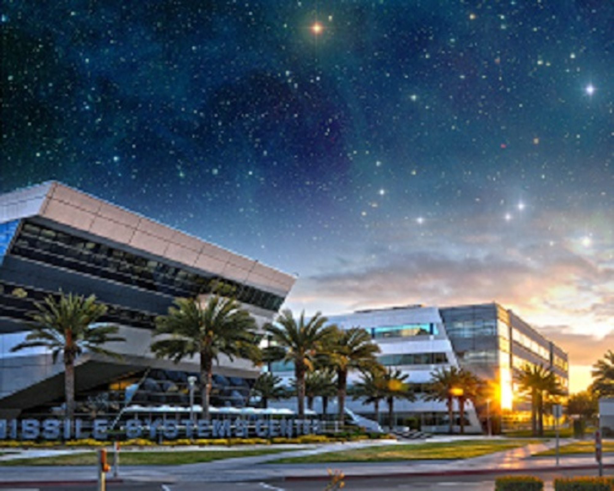 Space and Missile Systems Center at Los Angeles Air Force base in El Segundo, Calif. with star field superimposed