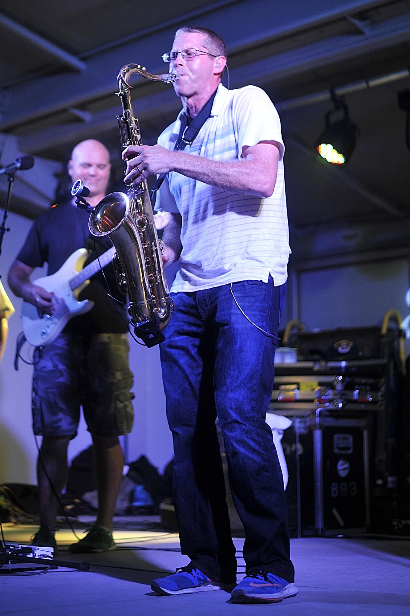 Staff Sgt. Brian Connolly, Air Forces Central Command saxophone player, performs for Airmen at an 
undisclosed location in Southwest Asia, Aug. 27, 2015. The band plays a variety of genres of music to 
appeal to all audiences. (U.S. Air Force photo by Staff Sgt. Emerson Nuñez/Released)