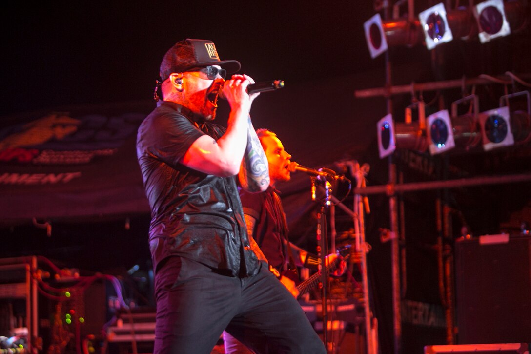 Brent Smith performs during HansenFest, on Camp Hansen, Okinawa, Japan, Sept. 5, 2015. The free entertainment boosted morale for the services members and helped build stronger relationships with the Okinawan citizens. Camp Hansen opened its gates for Okinawan citizens, military families, and service members to enjoy carnival rides, festival foods and live music from musical groups Madison Rising and Shinedown. Smith is the lead singer for Shinedown.