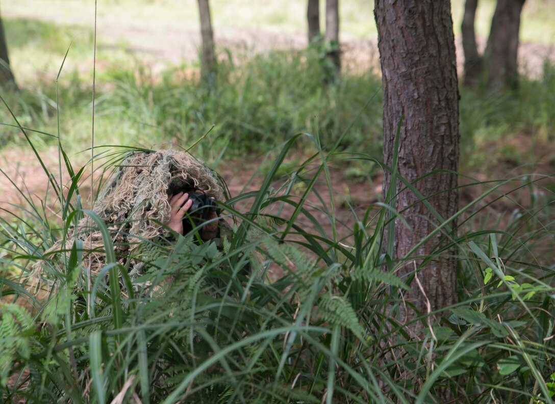 Japanese Ground Self-Defense Force Sgt. Akito Yagi looks through binoculars at the target while performing stalking drills during Forest Light 16-1 at Camp Imazu, Takashima, Japan, Sept. 10, 2015. The Marines sat up on a high embankment trying to catch the JGSDF stalking the target with binoculars. Forest Light is a semiannual, bilateral exercise consisting of a command post exercise and multiple field training events, conducted by elements of III Marine Expeditionary Force and the JGSDF. Yagi is a sniper with 50th Infantry Regiment, 14th Brigade. 
