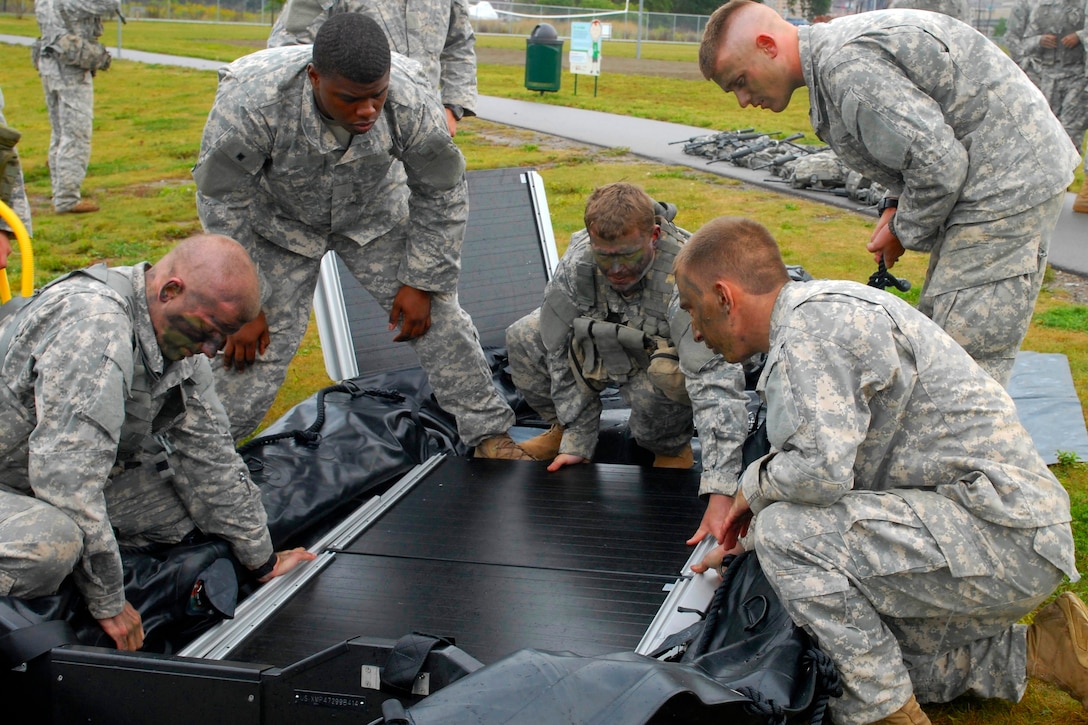 New York Army National Guardsmen assemble a F470 Combat Rubber Raiding Craft in preparation of troop training exercise in Buffalo, N.Y., Sept. 13, 2015. The soldiers are assigned to the New York Army National Guard’s Troop C, 2nd Squadron, 101st Cavalry Regiment. The F470, commonly called a Zodiac, can be used by soldiers to amphibiously deploy. New York National Guard photo by Army Spc. Alexander Rector
