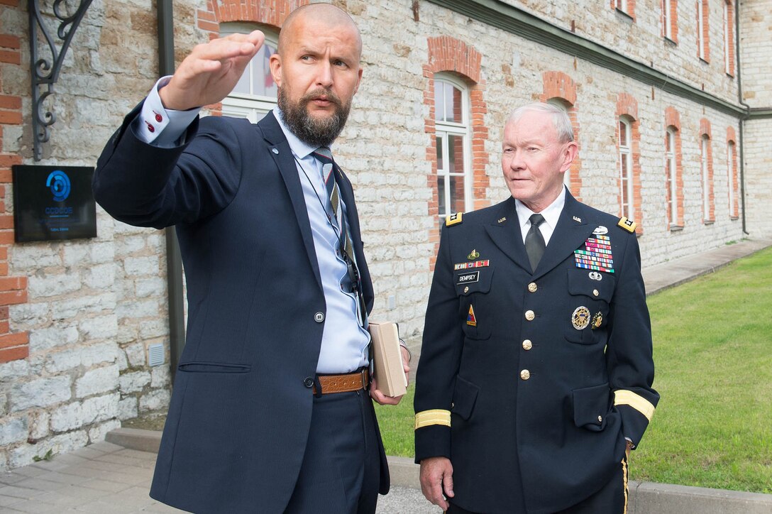 U.S. Army Gen. Martin E. Dempsey, chairman of the Joint Chiefs of Staff, right, and NATO Cyber Defense Center of Excellence Director, Sven Sakkov, meet in Tallinn, Estonia, Sept. 14, 2015. DoD photo by D. Myles Cullen