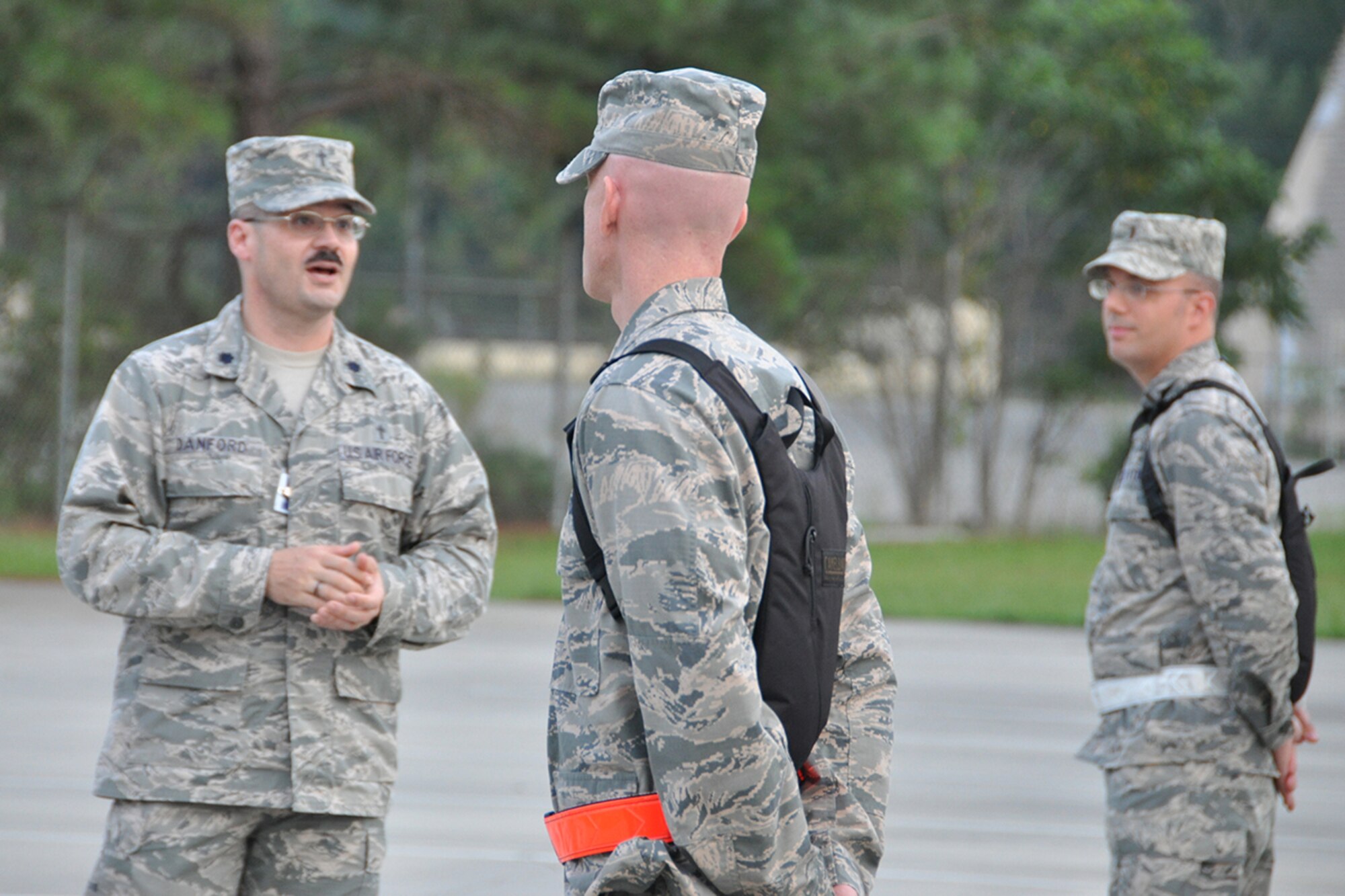 Lt. Col. James Danford, 94th Airlift Wing chaplain and Chaplain Candidate Intensive Internship officer-in-charge, instructs chaplain candidates prior to a field exercise at the Combat Readiness School, Robins Air Force Base, Georgia July 13, 2015. Open to seminary and professional religious school students, the CCII serves as the second of four phases of the Chaplain Candidate Training Plan, evaluating candidates’ suitability and potential for commissioning as an Air Force Chaplain. (U.S. Air Force photo by Master Sgt. James Branch)