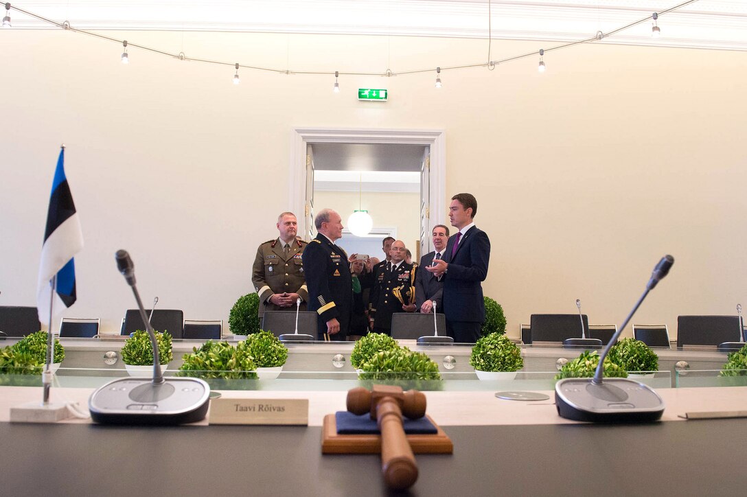 Estonian Prime Minister, Taavi Roivas, right, and U.S. Army Gen. Martin E. Dempsey, chairman of the Joint Chiefs of Staff, talk before a meeting in Tallinn, Estonia, Sept. 14, 2015. DoD photo by D. Myles Cullen