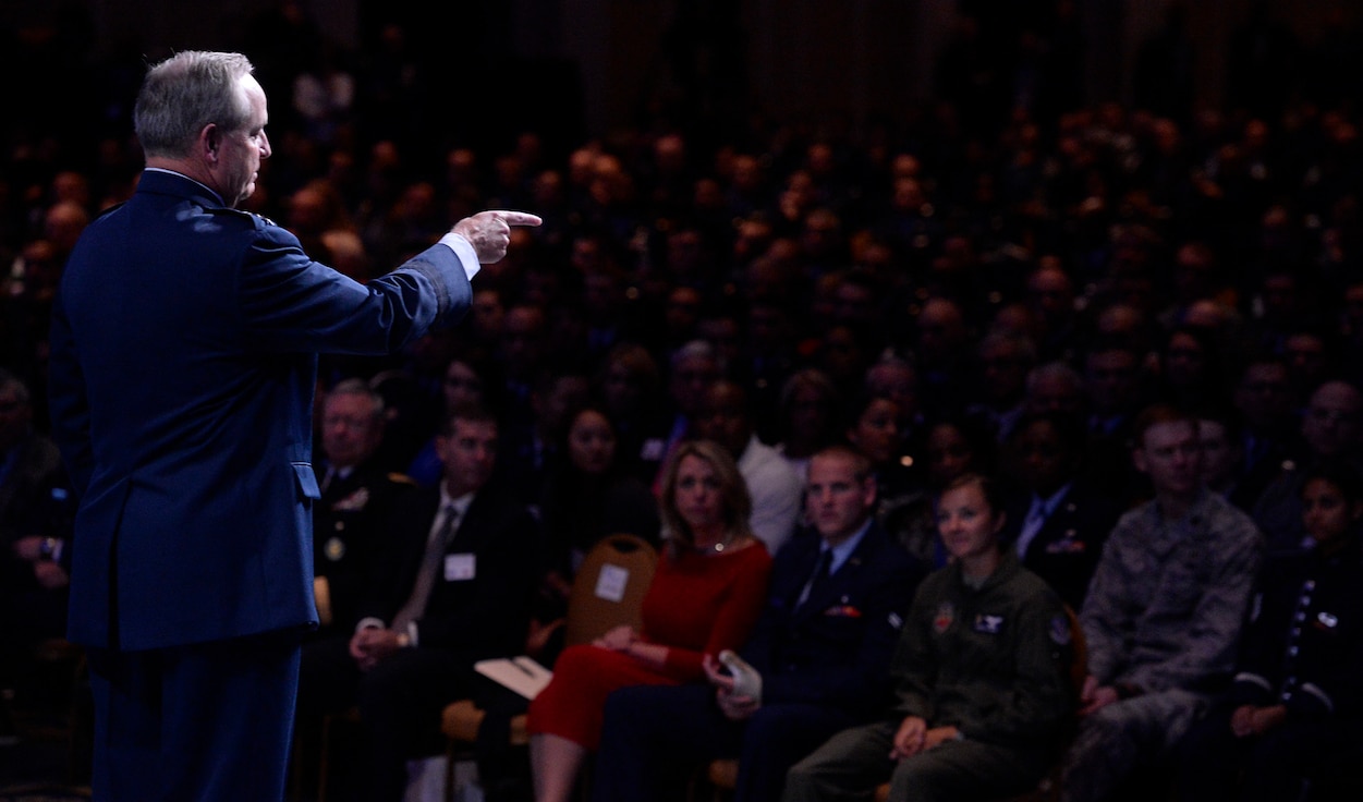 Air Force Chief of Staff Gen. Mark A. Welsh III makes his Air Force Update address at the Air Force Association's Air and Space Conference and Technology Exposition Sept. 15, 2015, in Washington, D.C. (U.S. Air Force photo/Scott M. Ash)  