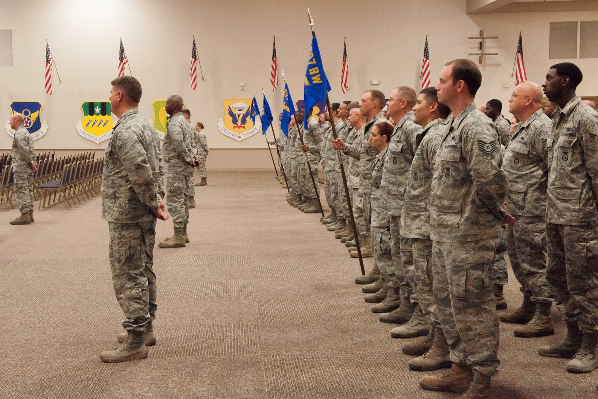 Members of the 307th Bomb Wing attend an Assumption of Command ceremony on September 13, 2015, Barksdale Air Force Base, La. During the ceremony, U.S. Air Force Col. Alan Rock, assumed command of the 307th Mission Support Group. (U.S. Air Force photo by Master Sgt. Dachelle Melville/Released)