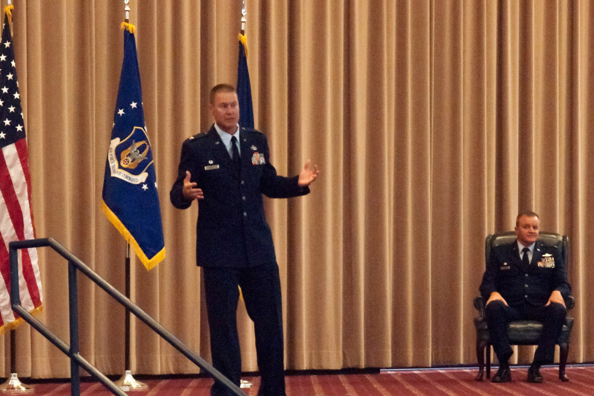 U.S. Air Force Col. Alan Rock speaks after assuming command of the 307th Mission Support Group (MSG) during a ceremony held on September 13, 2015, Barksdale Air Force Base. Rock is the former deputy commander of the 301st MSG, Naval Air Station Joint Reserve Base, Fort Worth, Texas. (U.S. Air Force photo by Master Sgt. Dachelle Melville/Released)
