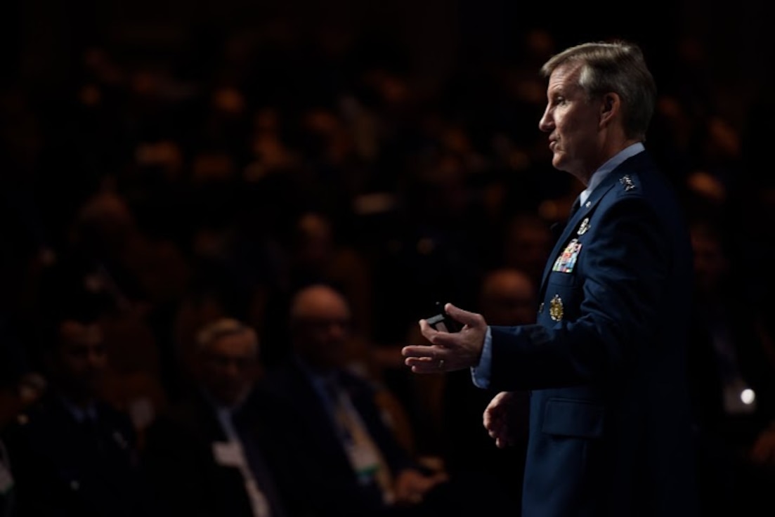 Gen. Hawk Carlisle, the Air Combat Command commander, talks about the 5th generation warfare during the Air Force Association Air and Space Conference and Technology Exposition in Washington, D.C., Sept. 15, 2015. The AFA conference brought together Air Force leadership, industry experts, scholars and current aerospace specialists from around the world to discuss the issues and challenges facing the U.S. and the aerospace community today.  (Air Force photo /Tech. Sgt. Dan DeCook) 