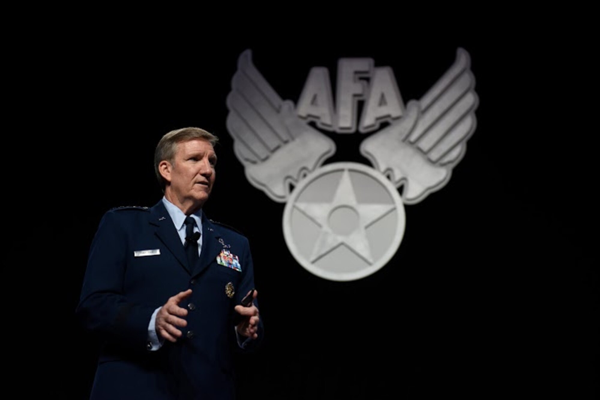 Gen. Hawk Carlisle, the Air Combat Command commander, talks about the 5th generation warfare during the Air Force Association Air and Space Conference and Technology Exposition in Washington, D.C., Sept. 15, 2015. The AFA conference brought together Air Force leadership, industry experts, scholars and current aerospace specialists from around the world to discuss the issues and challenges facing the U.S. and the aerospace community today.  (Air Force photo /Tech. Sgt. Dan DeCook) 