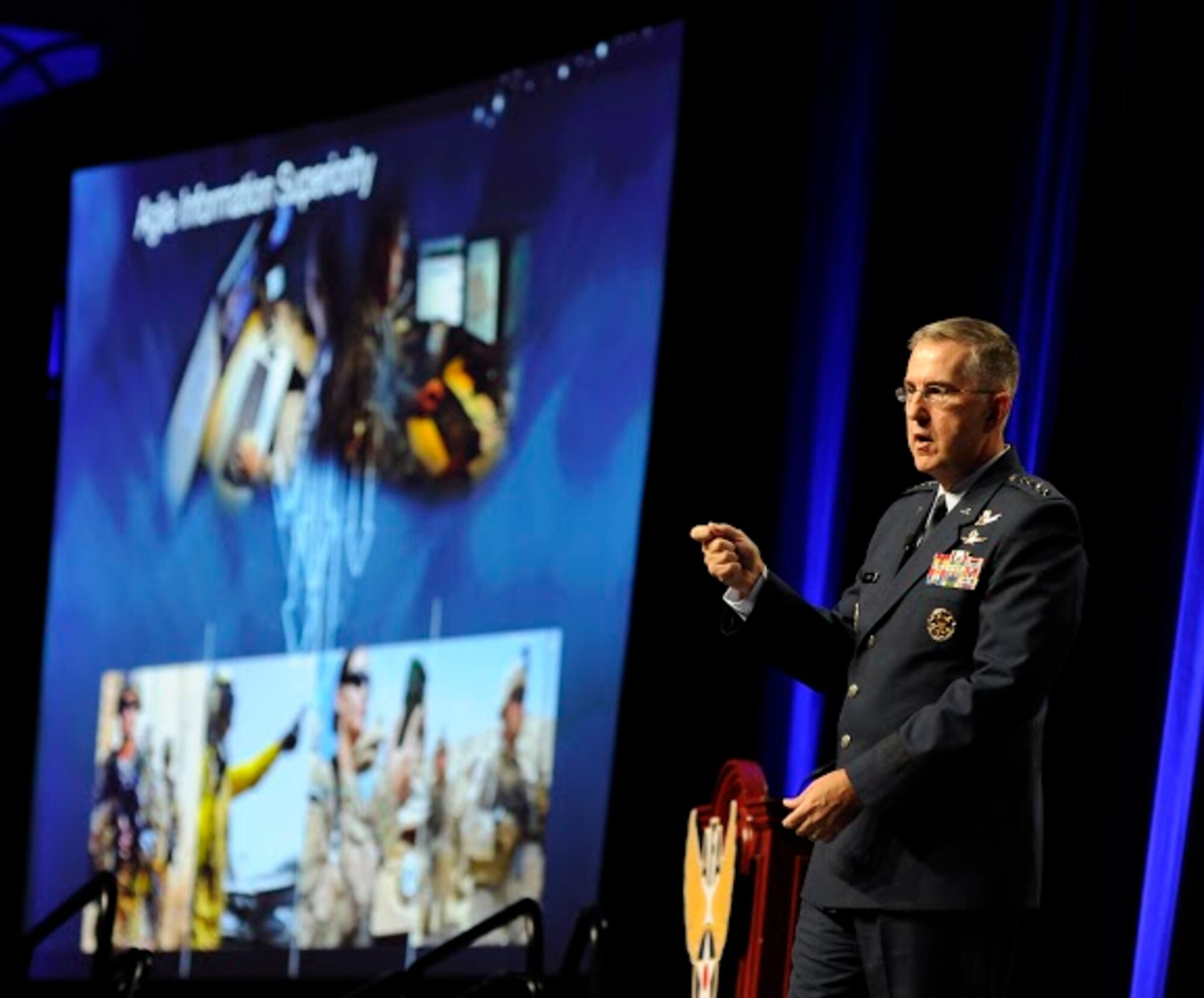 Gen. John Hyten, the Air Force Space Command commander, stresses the importance of agile information superiority during the Air Force Association Air and Space Conference and Technology Exposition in Washington, D.C., Sept. 15, 2015. (Air Force photo/Staff Sgt. Whitney Stanfield)