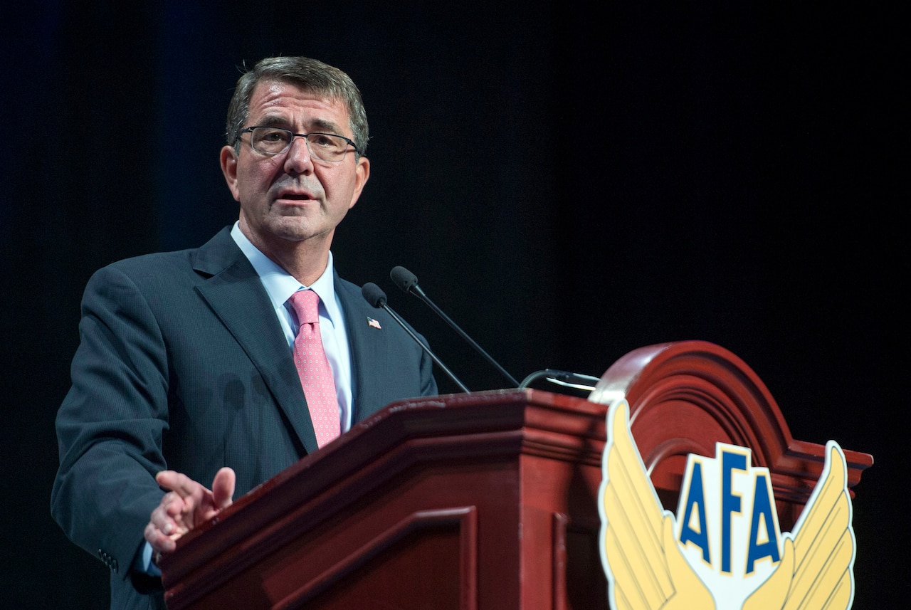 Defense Secretary Ash Carter delivers remarks at the Air Force Association's Air and Space Conference in National Harbor, Md., Sept. 16, 2015.  Secretary Carter reaffirmed the Department's commitment to innovation and technology.