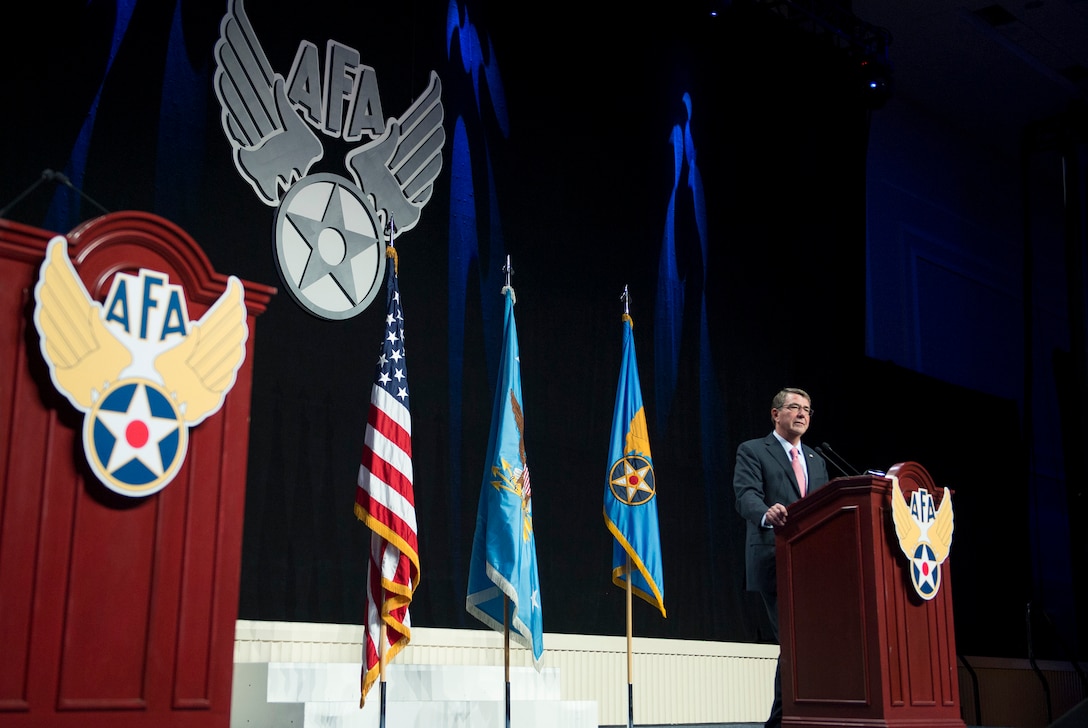 Defense Secretary Ash Carter delivers remarks at the Air Force Association's Air and Space Conference in National Harbor, Md., Sept. 16, 2015. U.S. Air Force photo by Senior Master Sgt. Adrian Cadiz