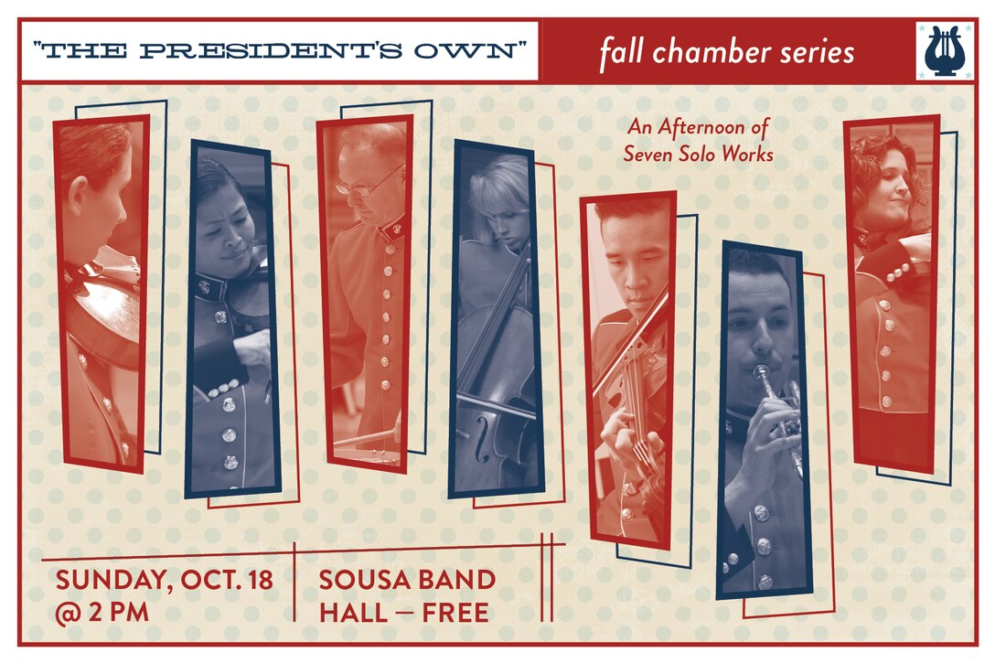 Sunday, Oct. 18 at 2 p.m. (EDT) - Coordinated by cellist Staff Sgt. Charlaine Prescott, the program will feature seven musicians from “The President’s Own” performing 20th and 21st century solo works. The concert, which is free, will take place at John Philip Sousa Band Hall at the Marine Barracks Annex, located at 7th & K Streets, SE, Washington, DC. Free parking is available. The concert will also stream live on the Marine Band website.
