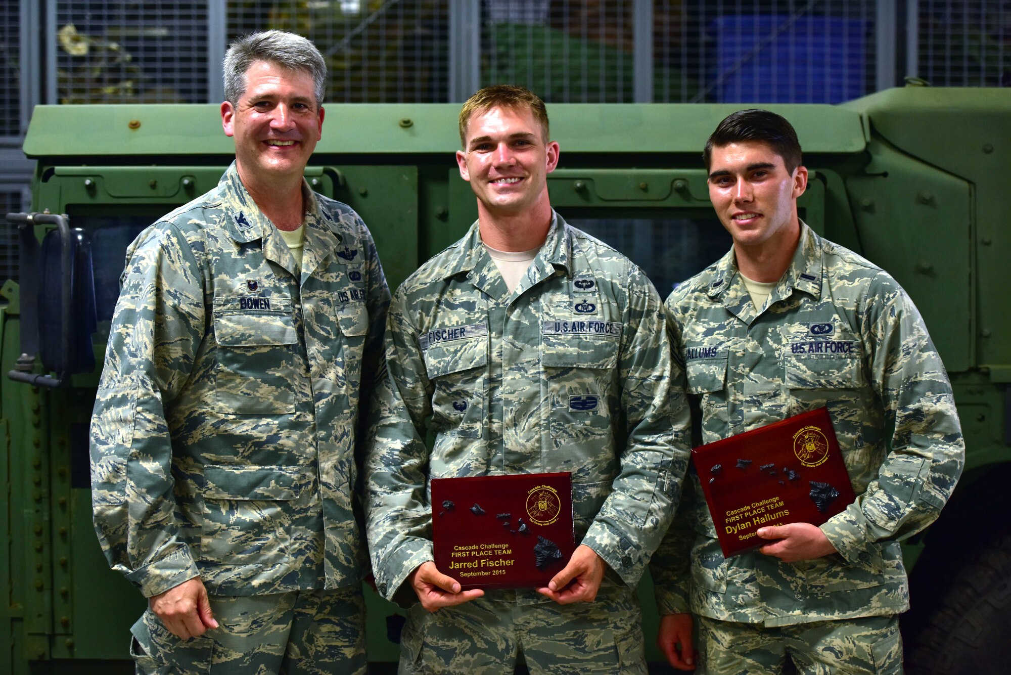 U.S. Air Force Technical Sgt. Jarred Fischer and 1st Lt. Dylan Hallums, 25th Air Support Operations Squadron, placed first overall in this year's second annual Cascade Challenge, held at Schofield Barracks, Hawaii, Sept. 9, 2015. The Cascade Challenge lasted three days and pitted nine two-man teams in a competition to test their combat skills, knowledge, and abilities specific to the Tactical Air Control Party mission. (U.S. Air Force photo by Senior Airman Christopher Stoltz/Released)