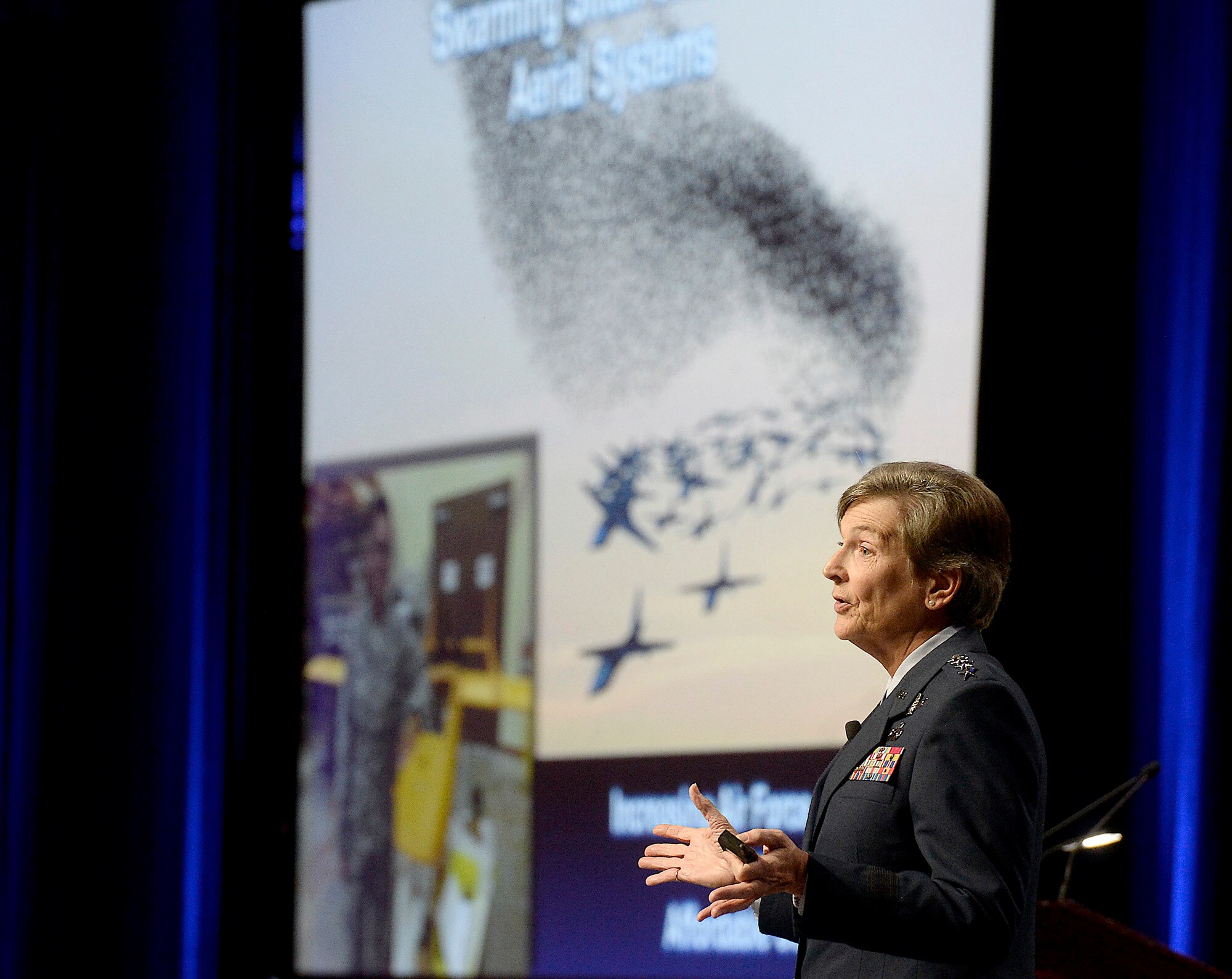 Gen. Ellen M. Pawlikowski, the commander of the Air Force Materiel Command, speaks about her command's flexibility and how it directly impacts the total force's operations and strategic agility at the Air Force Association Air and Space Conference and Technology Exposition Sept. 15, 2015, in Washington, D.C.  (Air Force photo/Scott M. Ash)  
