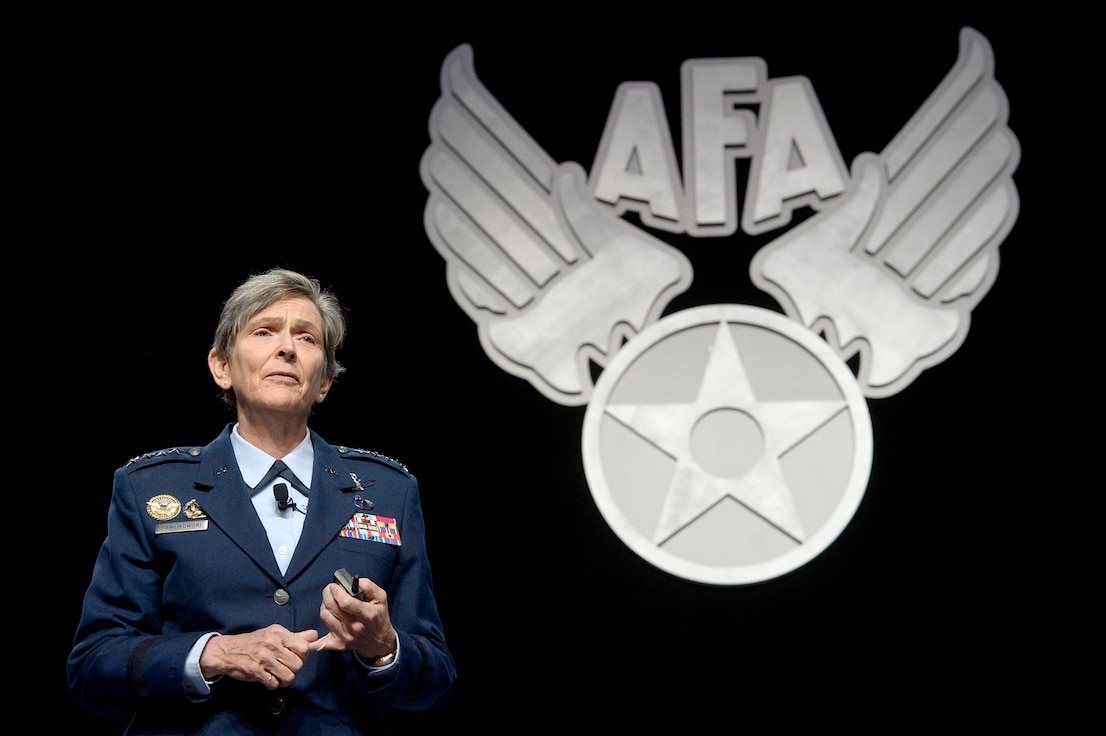 Gen. Ellen M. Pawlikowski, the commander of the Air Force Materiel Command, speaks about her command's flexibility and how it directly impacts the total force's operations and strategic agility at the Air Force Association Air and Space Conference and Technology Exposition Sept. 15, 2015, in Washington, D.C.  (Air Force photo/Scott M. Ash)