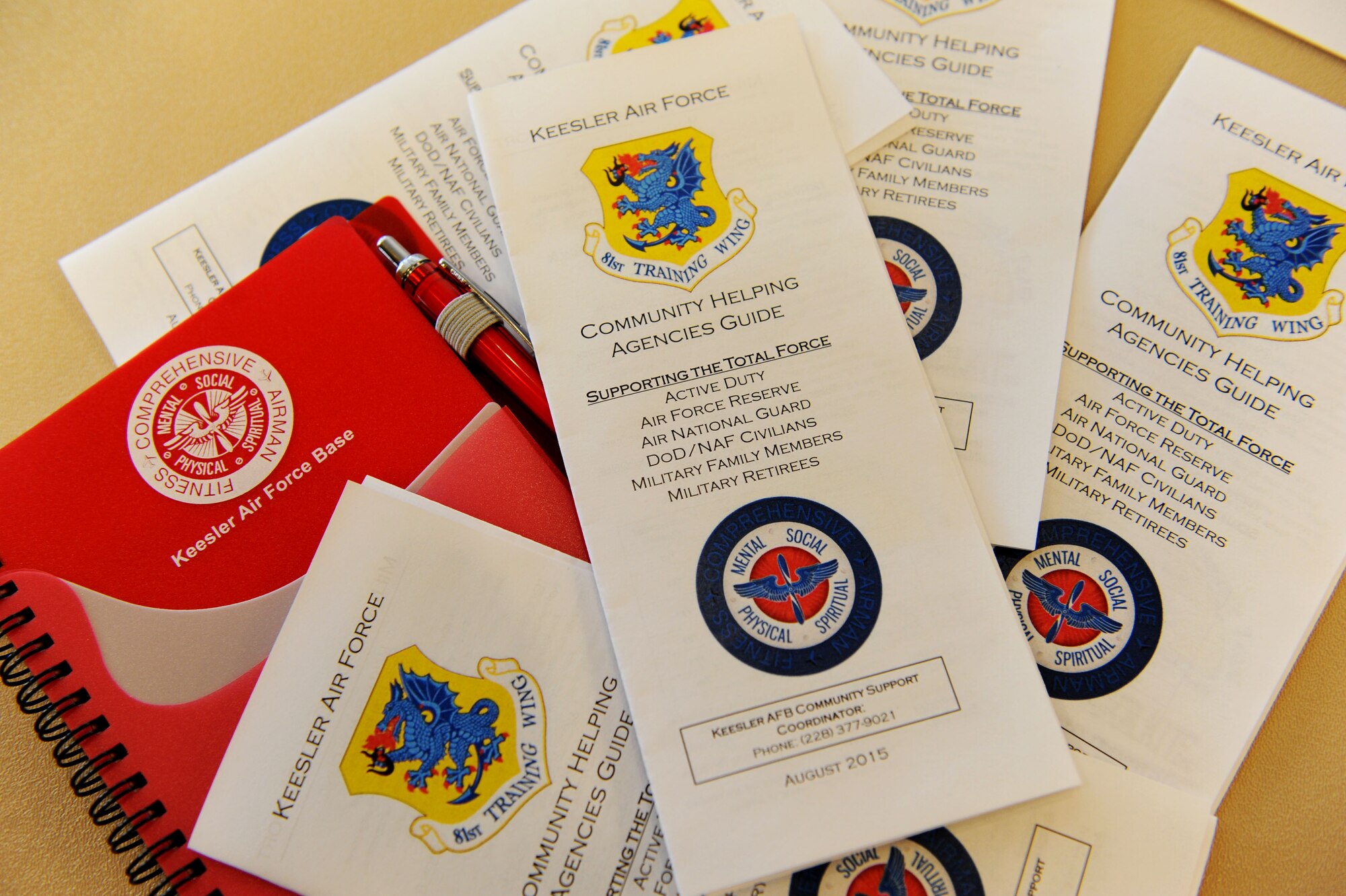 Keesler community support pamphlets sit on display for personnel in attendance at the Keesler family town hall forum Sept. 15, 2015, at the Bay Breeze Event Center, Keesler Air Force Base, Miss. The forum was hosted by Col. Michele Edmondson, 81st Training Wing commander, to discuss current wing topics followed by a question and answer session. (U.S. Air Force photo by Kemberly Groue)
