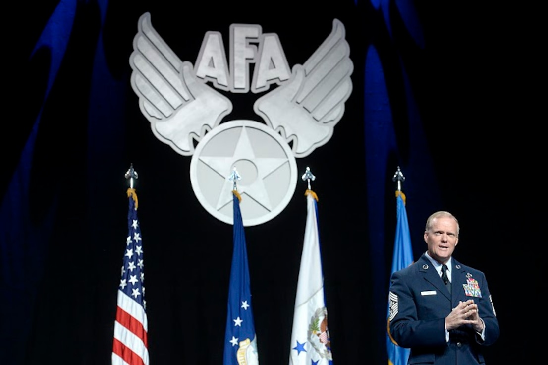 Chief Master Sgt. of the Air Force James A. Cody gives his Enlisted Force Update at the Air Force Association's Air and Space Conference and Technology Exposition Sept. 16, 2015, in Washington, D.C. (U.S. Air Force photo/Scott M. Ash)  