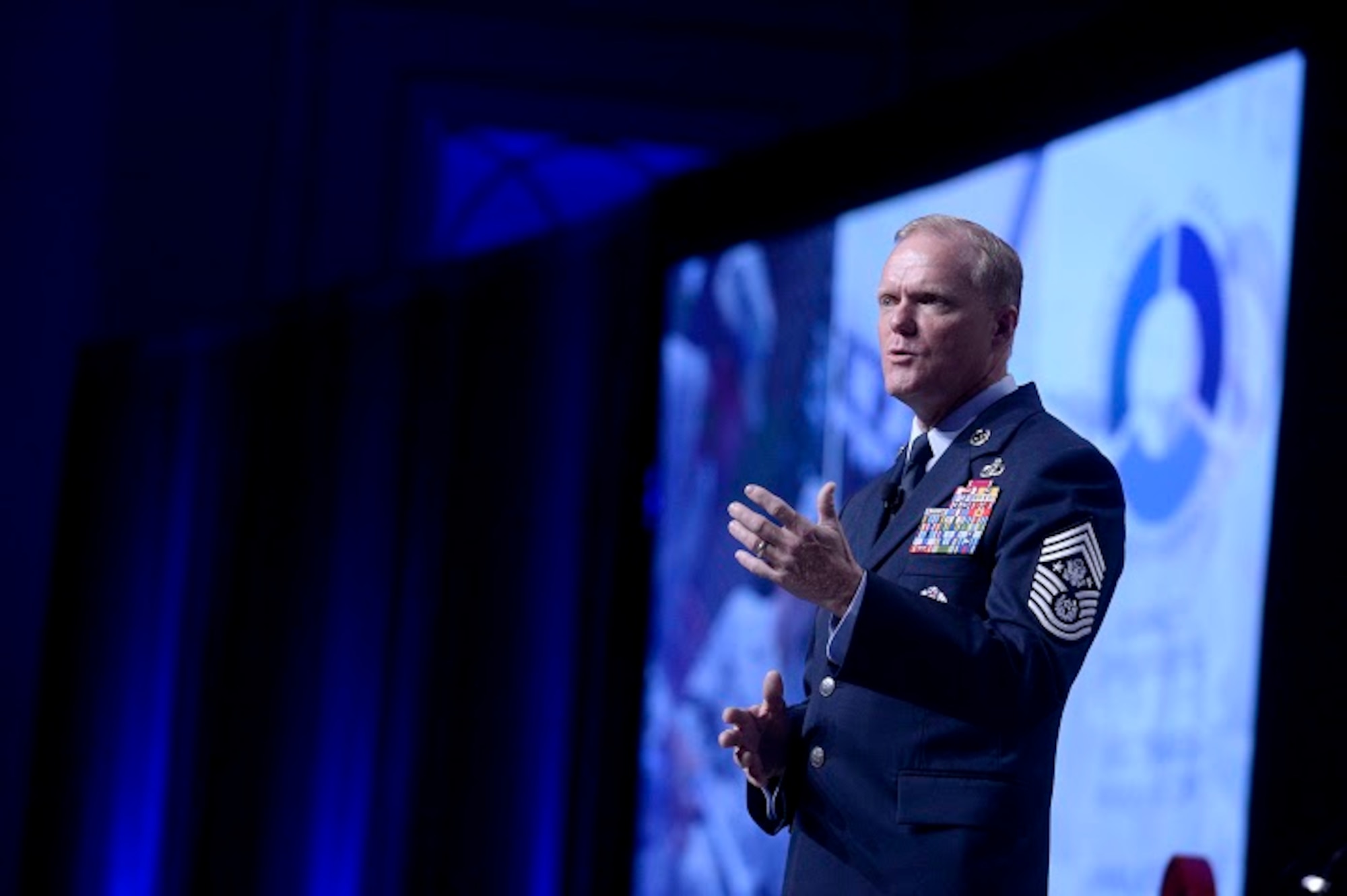 Chief Master Sgt. of the Air Force James A. Cody gives his Enlisted Force Update at the Air Force Association's Air and Space Conference and Technology Exposition Sept. 16, 2015, in Washington, D.C. (U.S. Air Force photo/Scott M. Ash)  