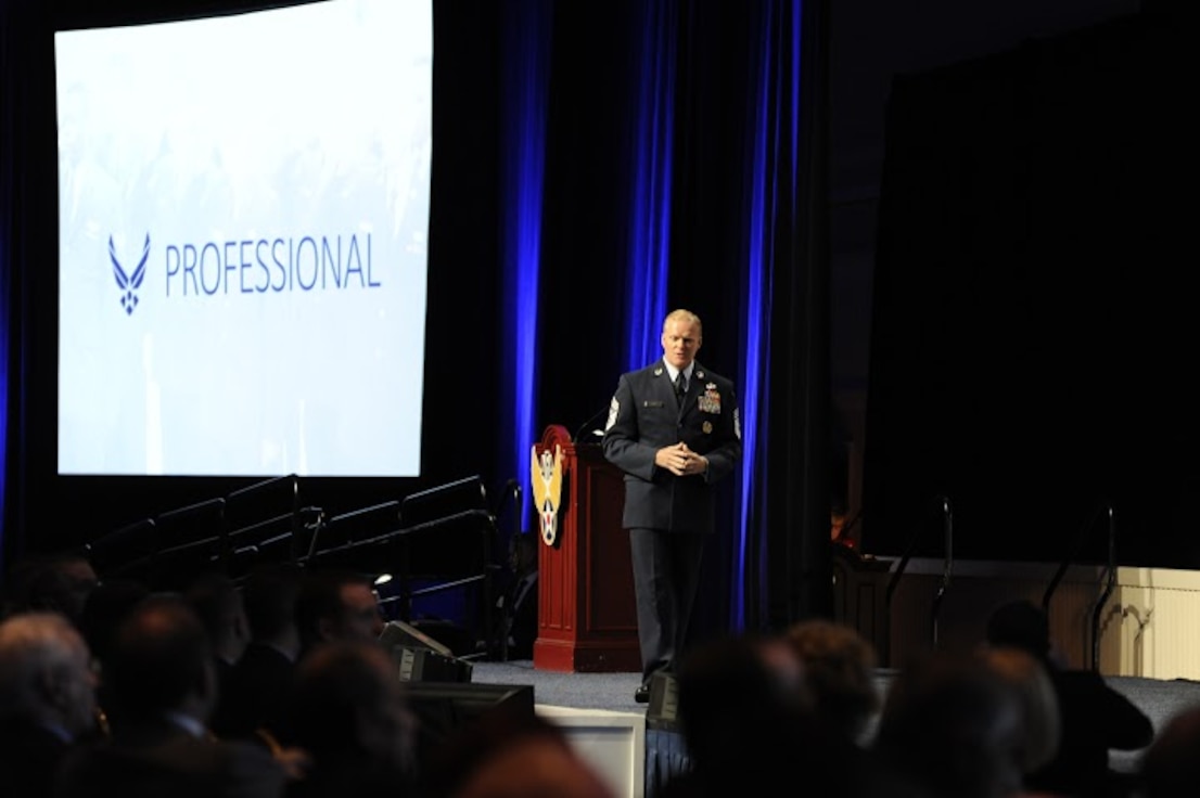Chief Master Sgt. of the Air Force James A. Cody gives his Enlisted Force Update at the Air Force Association's Air and Space Conference and Technology Exposition Sept. 16, 2015, in Washington, D.C.(U.S. Air Force photo/Staff Sgt. Whitney Stanfield)